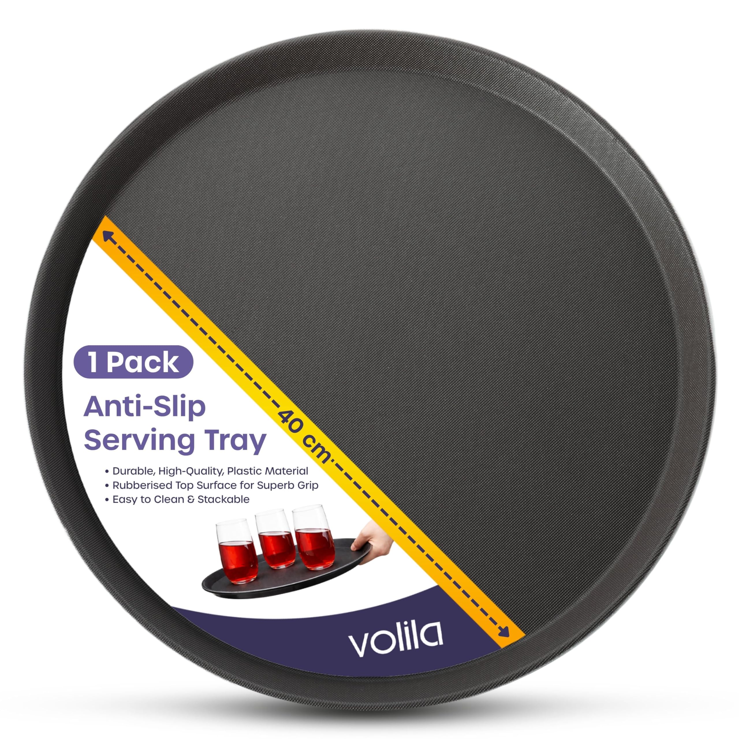Volila Black 40Cm Tray - 1 Pack Black Round Tray - 40Cm (1 Pack) Rubberized Round Trays For Food Serving And Drinks - Dishwasher Safe Non Slip Tray For Parties, Gatherings, Bars, Restaurants, And Home Use