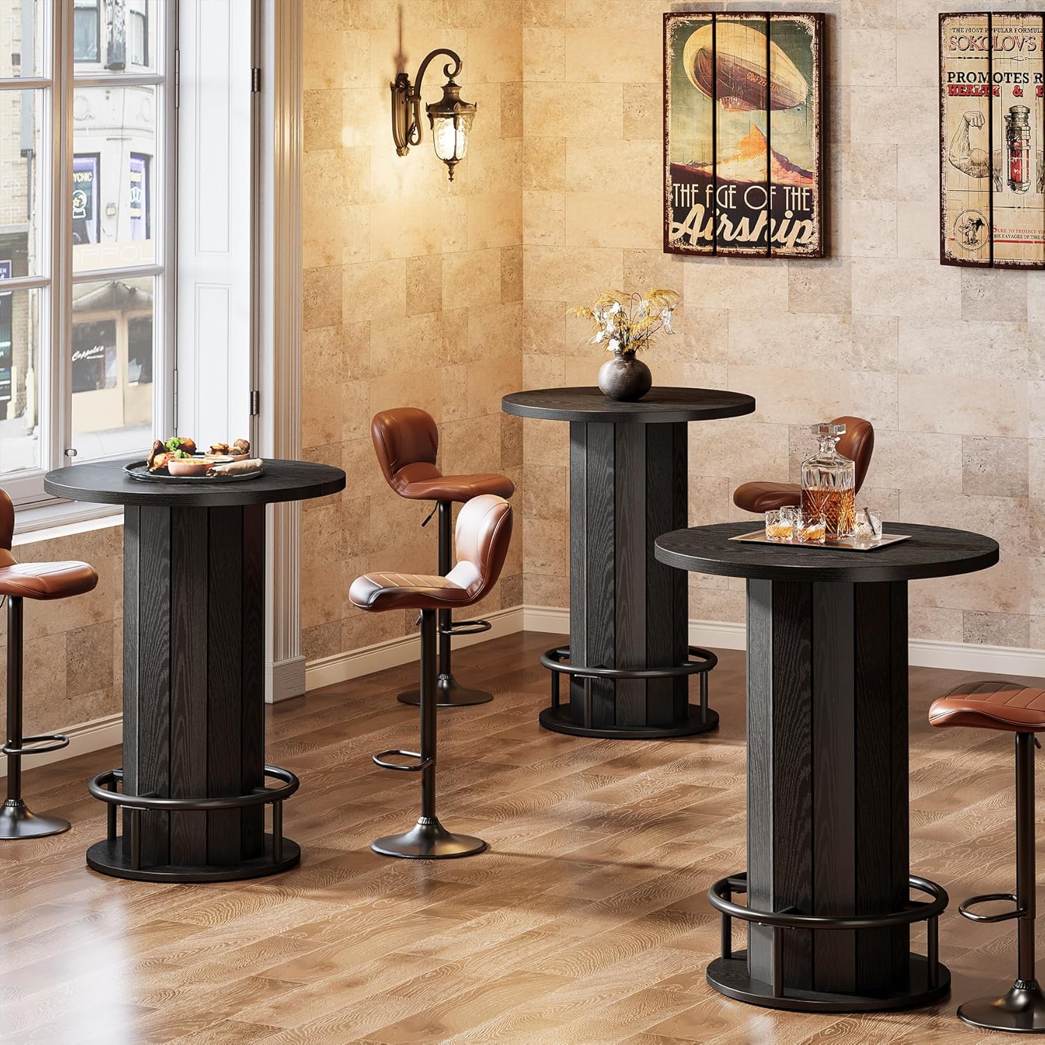 Tribesigns Round Bar Table, 39.4" H Wood Bistro Pub Table with Metal Ring Footrest for Dining Coffee Cocktail Living Room, Small Space, Black(Only Table)