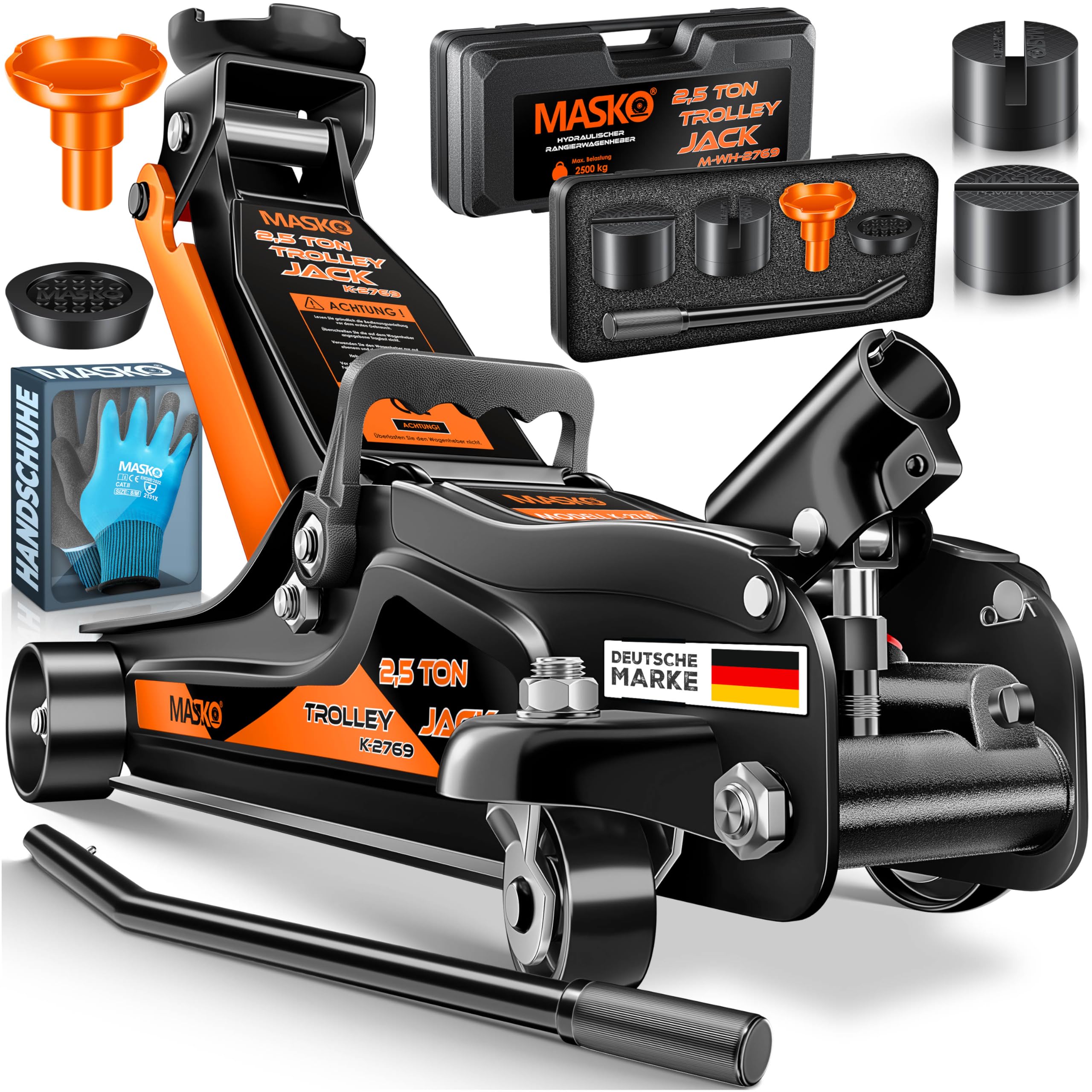 MASKO® Gato Hidráulico de elevación Plana + 2X Almohadilla de Goma + Guantes, Gato de elevación hidráulico 360° Rodillos Gato Hidraulico Caballete 2.5 Toneladas - Naranja