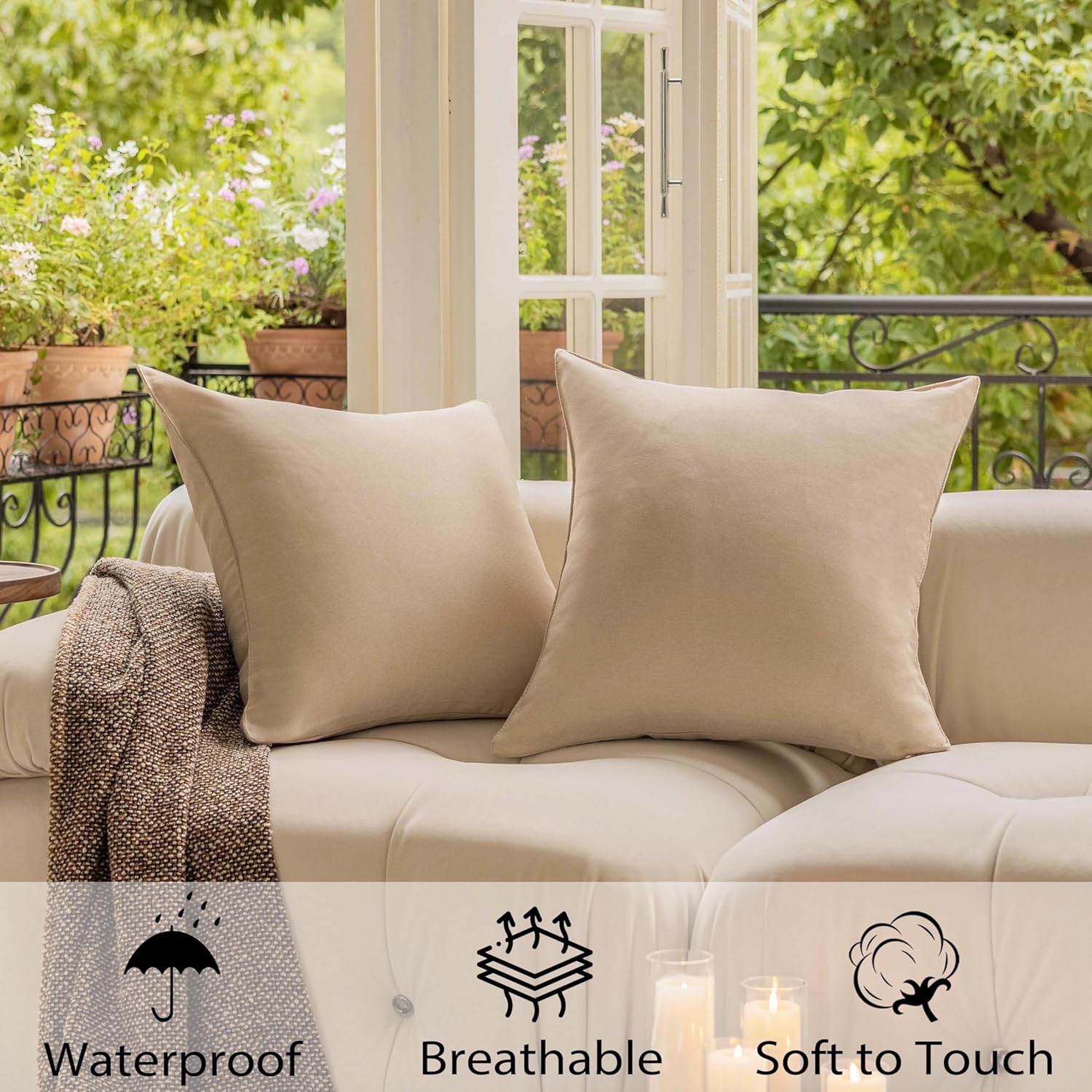 Demetex Outdoor Throw Pillows 18x18 Waterproof Square Pillow Covers Decorative Pillowcase for Patio Couch Bedroom, Set of 4, 18 x 18 Inch, Beige