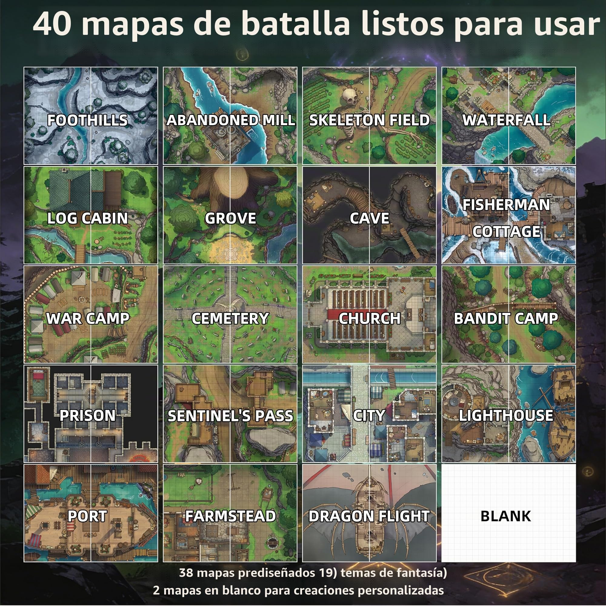 DND - Libro de mapas de batalla – 39 alfombrillas reutilizables de borrado en seco/húmedo con más de 200 calcomanías de paisaje, cuadrícula de 1 pulgada y encuadernación plana – Kit portátil de