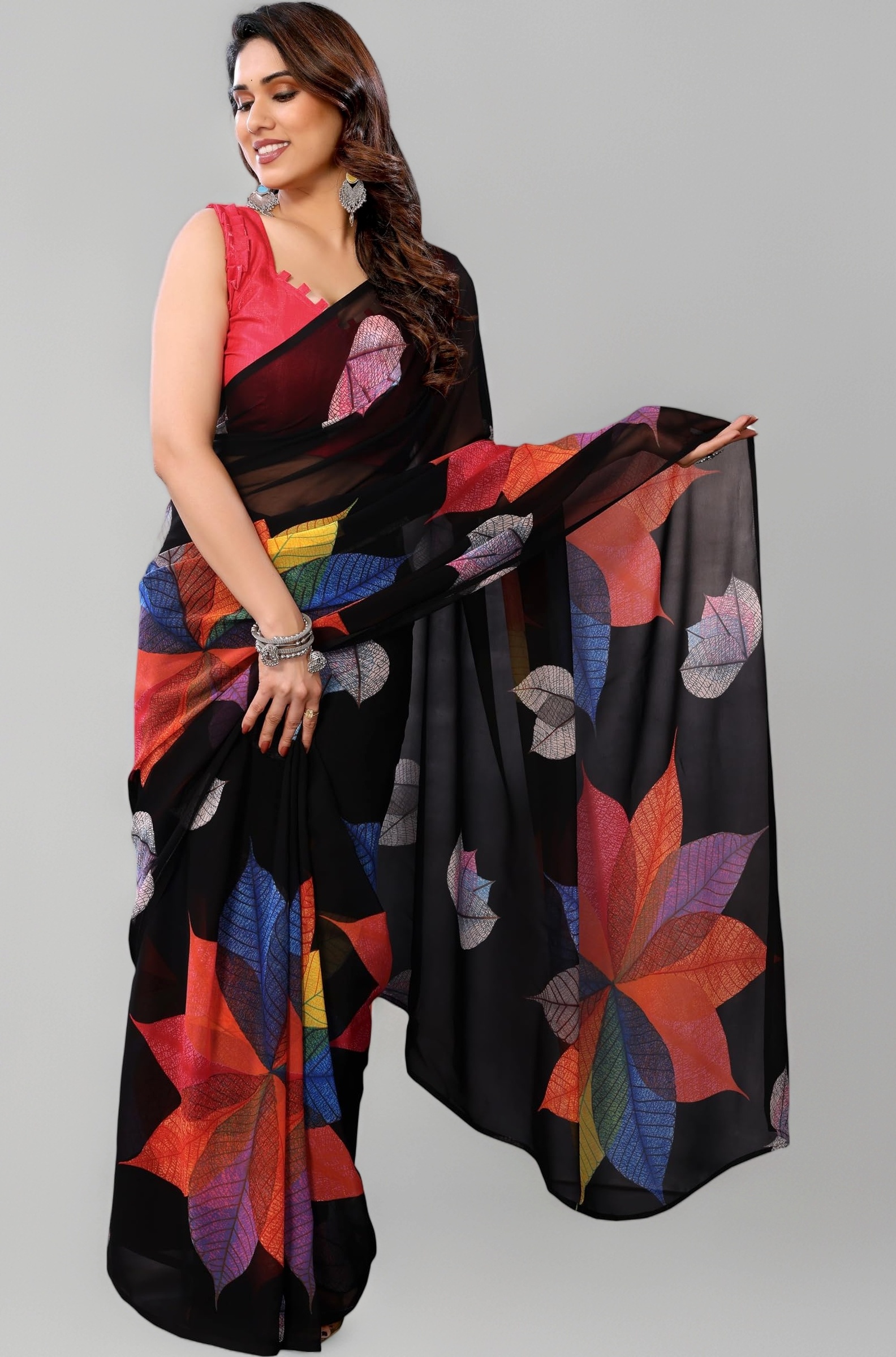 StyleScope Women's Printed Georgette Ready To Wear One Minute Saree With Unstitched Blouse Piece (RTW Paan)