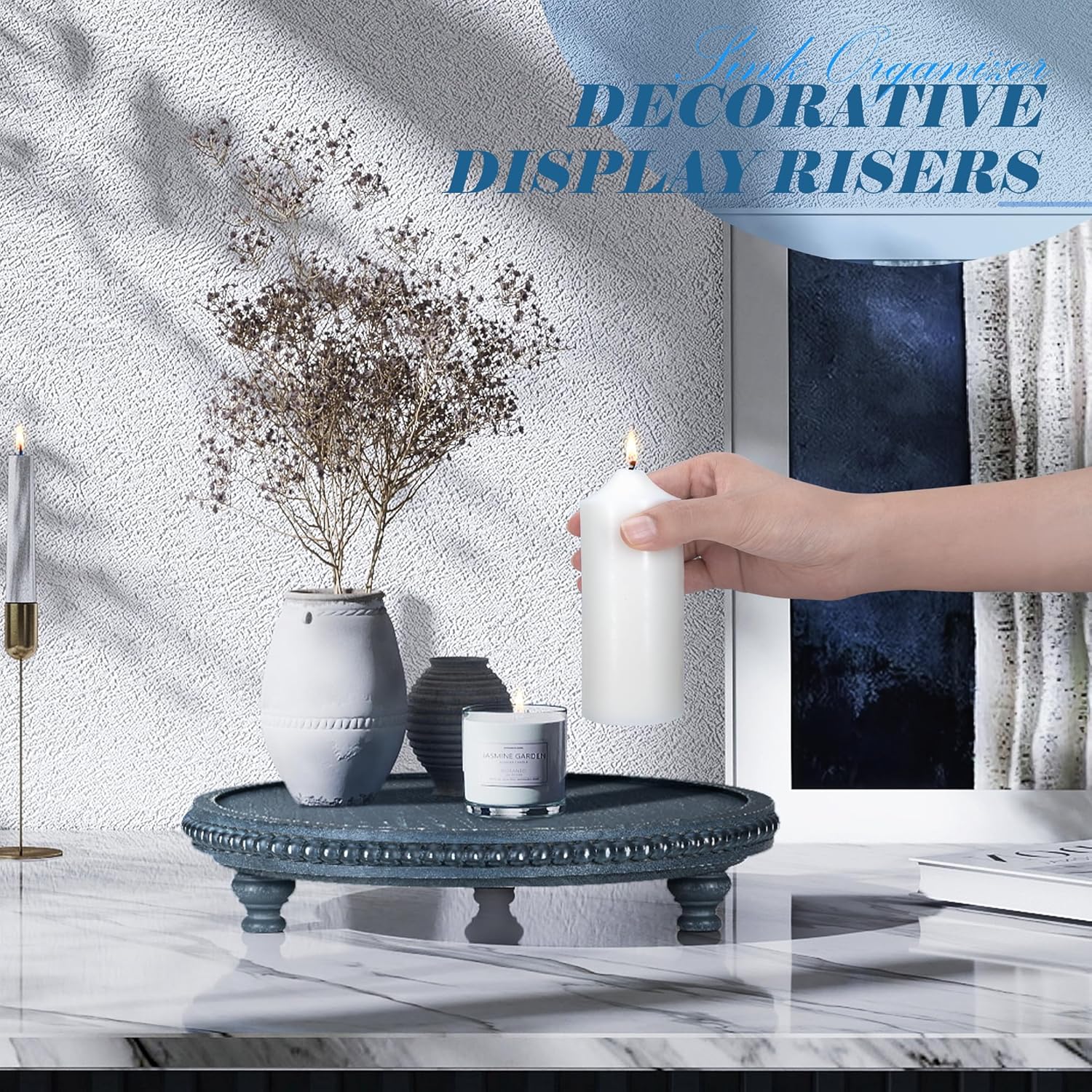 EOSAHR Round Pine Wooden Display Riser - Beaded Wood Riser for Plant Holder & Kitchen Sponge Holder, Perfume Stand Organizer - Rustic Farmhouse Style Kitchen Counter Decor, Boho Home Aesthetic (Blue)