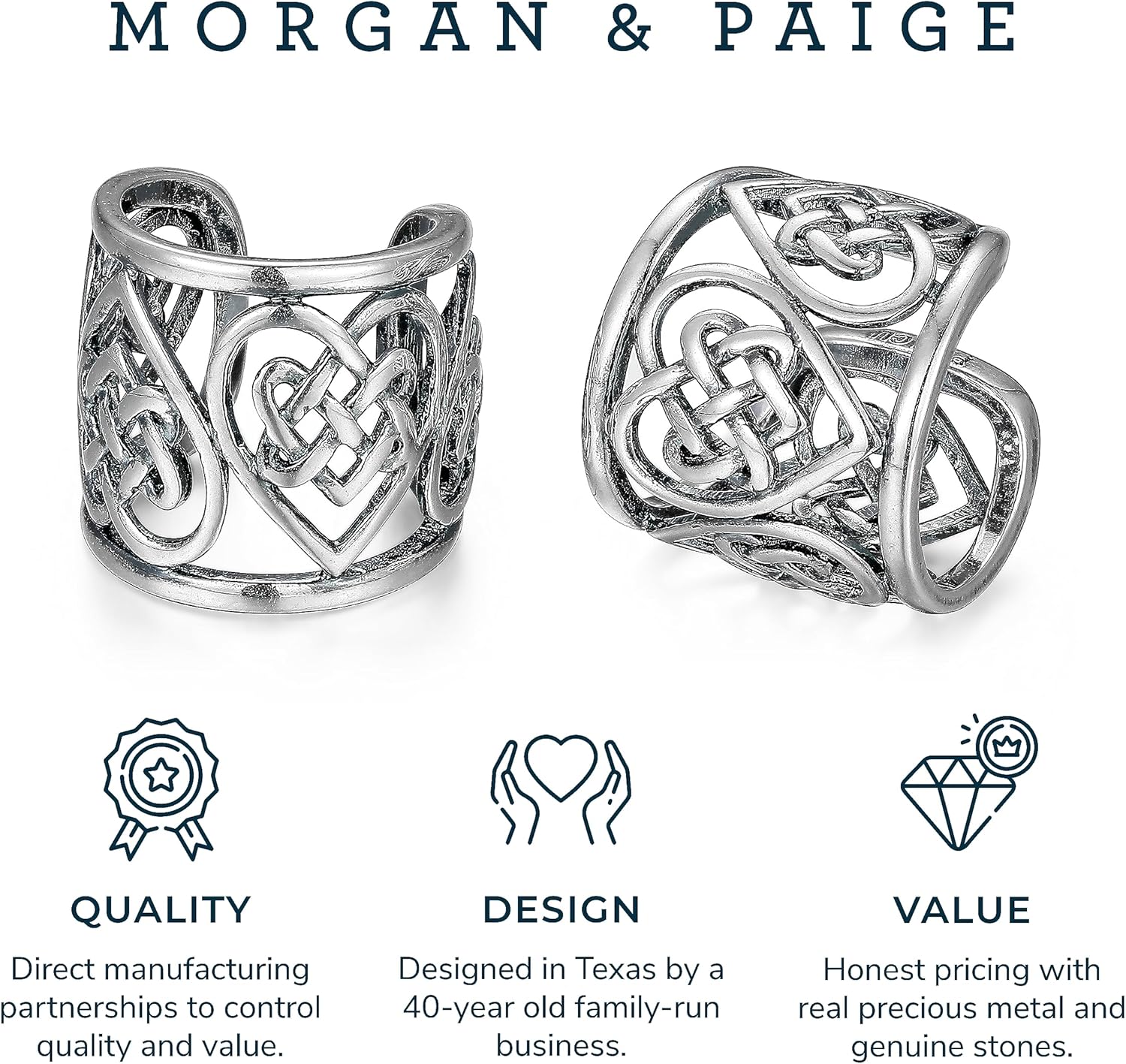 MORGAN & PAIGE .925 Sterling Silver Celtic Heart Knot Ear Cuff Earrings for Women - Rose Gold, Yellow Gold Plated or Oxidized Silver Ear Cuffs Non Piercing, Cartilage Earring Silver Ear Clips Jewelry