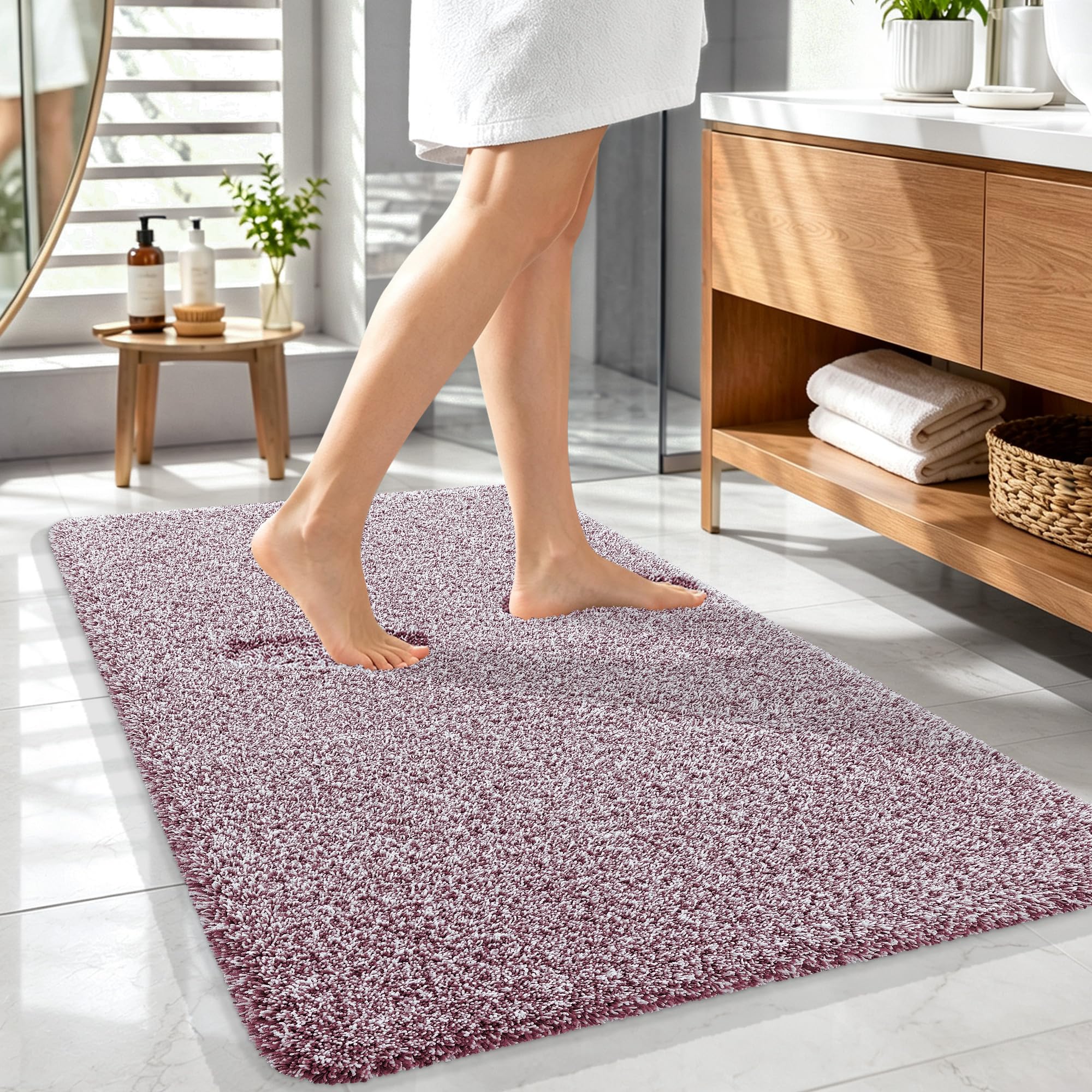 OLANLY Microfiber Bathroom Rugs 44x32, Quick Dry Mat, Burgundy and White