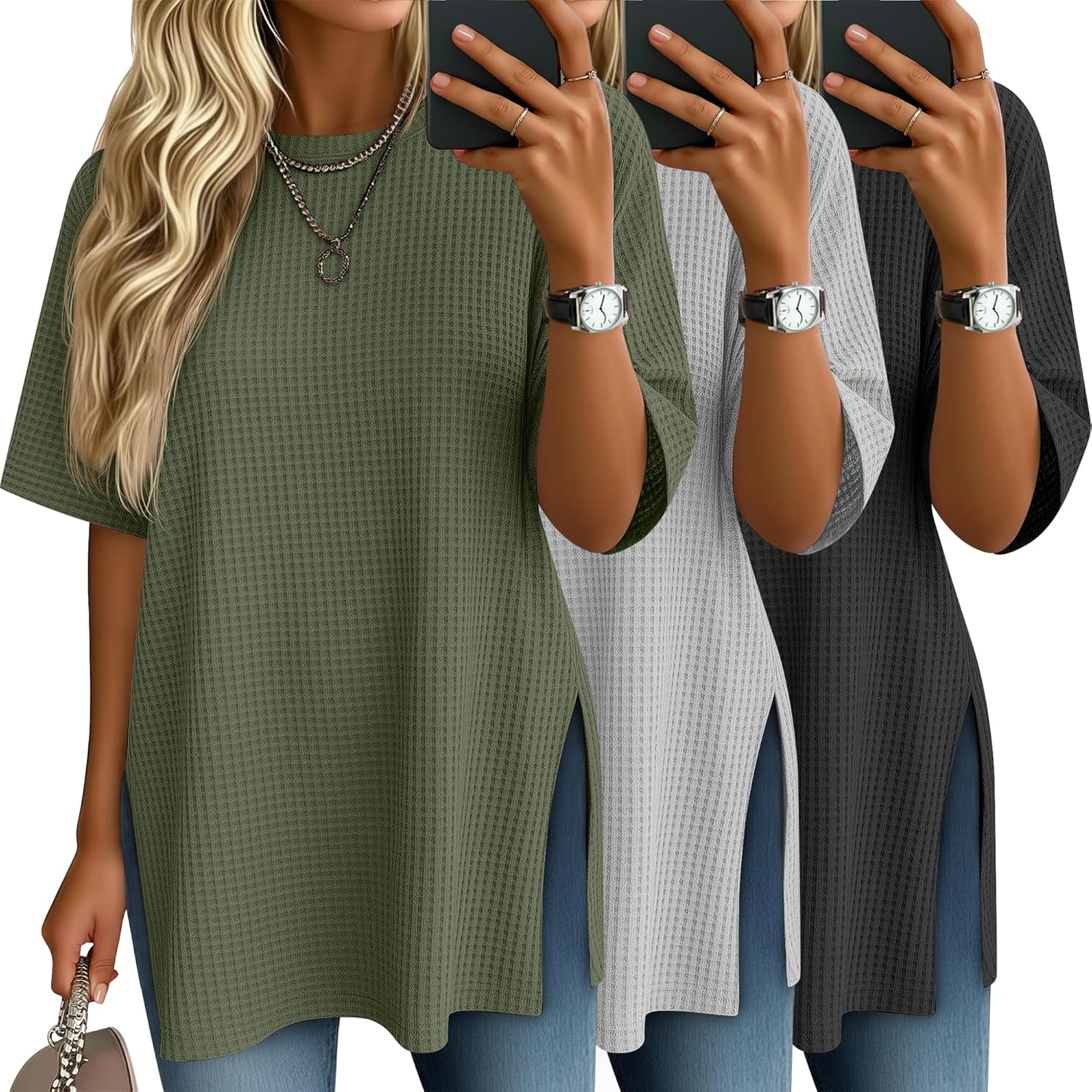 3 Pack Women's Oversize Short Sleeve Tops Waffle Knit Crewneck T-Shirts Summer Casual Side Split Tees(Black, Light Gray, Olive Green,Small)