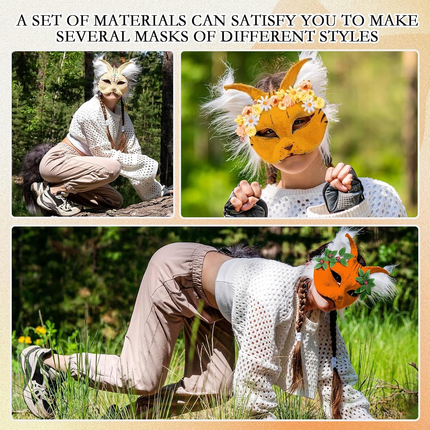 Seenelling 31 Pcs DIY Therian Mask Kit Blank Cat Mask Material Kit Accessories Set for Therian Gear Stuff