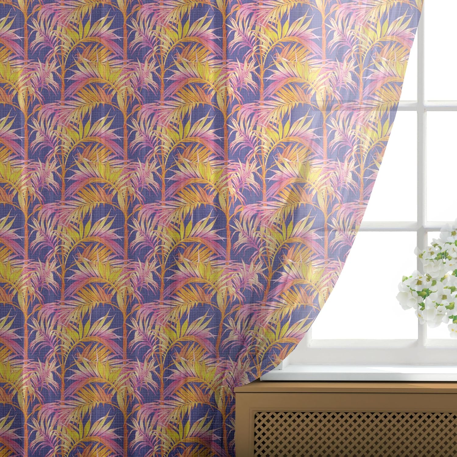 Ambesonne Tropical Tulle Curtains with Rod Pocket, Botanical Aloha with Exotic Tree and Leafy Branches, Sheer Drape for Wedding Party 2 Panels, 108" x 84", Dark Lavender Marigold