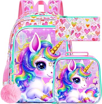 gxtvo 3PCS Unicorn Backpack, 16" Girls Bookbag with Lunch Box, Water Resistant Kids School Bag for Elementary Preschool Toddler - Rainbow Hair Unicorn