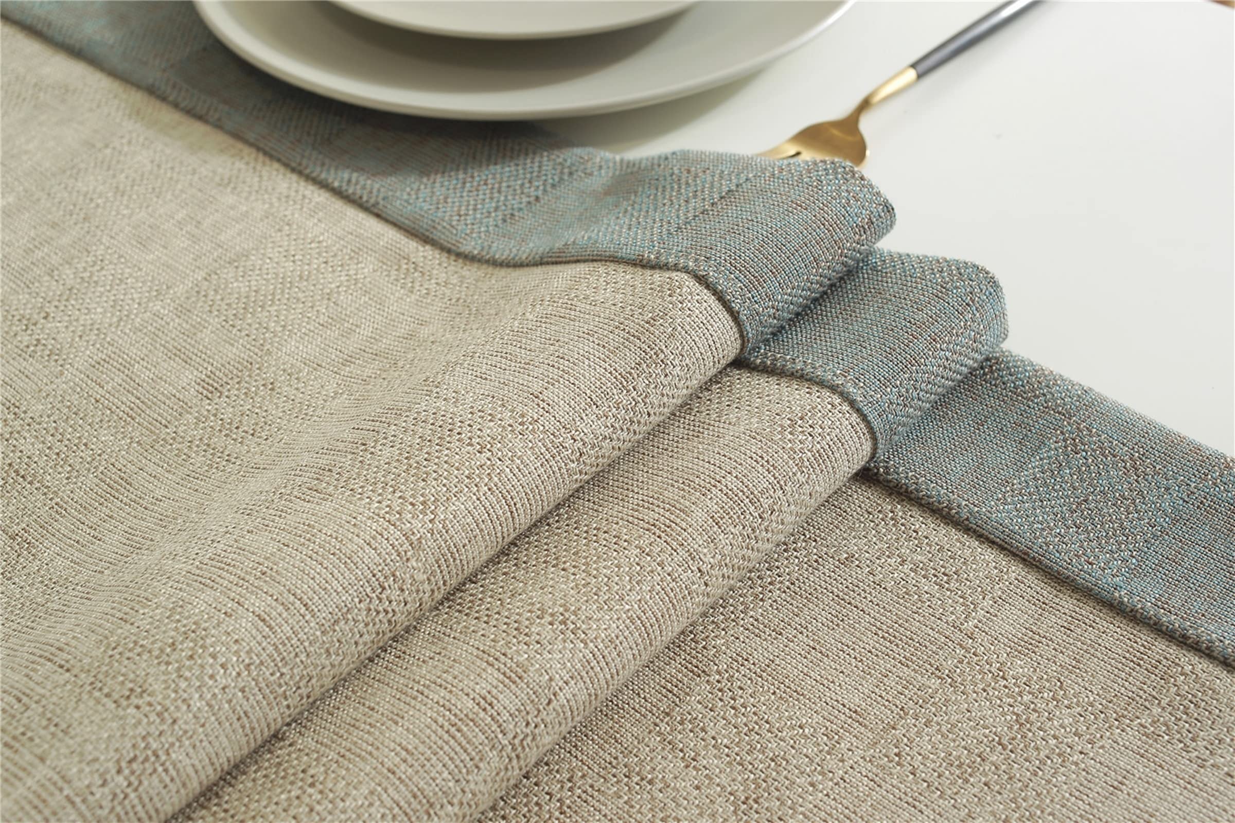 AmDxD Chemin de table de printemps, épissure avec pompon, taille : 38 x 240 cm, chemin de table en lin, fait à la main, facile d'entretien et anti-taches, pour mariage, décoration moderne, beige