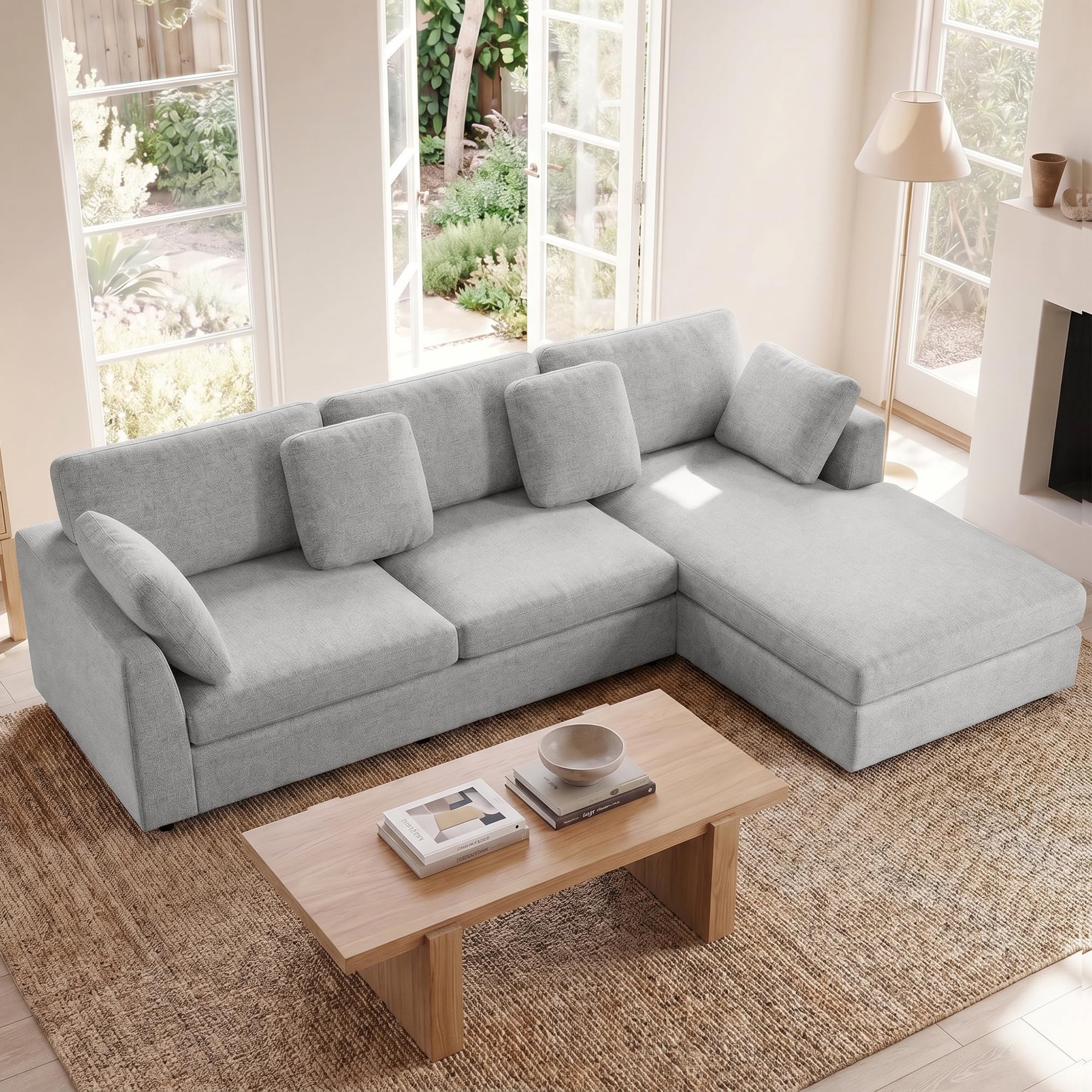 Kingfun 274cm Ecksofa HallGray mit Schlaffunktion, 3 Sitzer L Form Sofa Chenille für Wohnzimmer & Schlafzimmer, L Form Couch mit Veränderbare Chaiselongue für Büro & Apartment