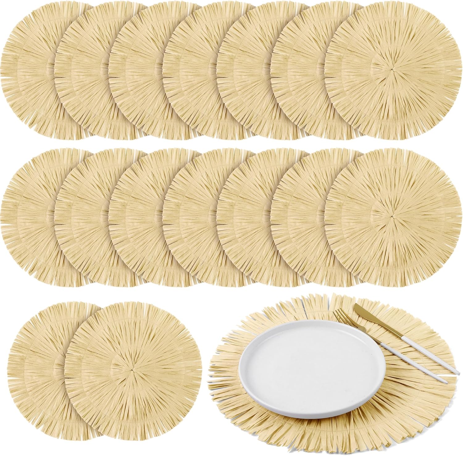 Fovths 16 Pcs Hawaii Luau Placemats Bulk 13 Inch Woven Boho Fringe Place Mats Round Straw Fringe Chargers Macrame Heat Resistant Grass Table Mat for Tropical Luau Party Hawaii Dining Table Decorations