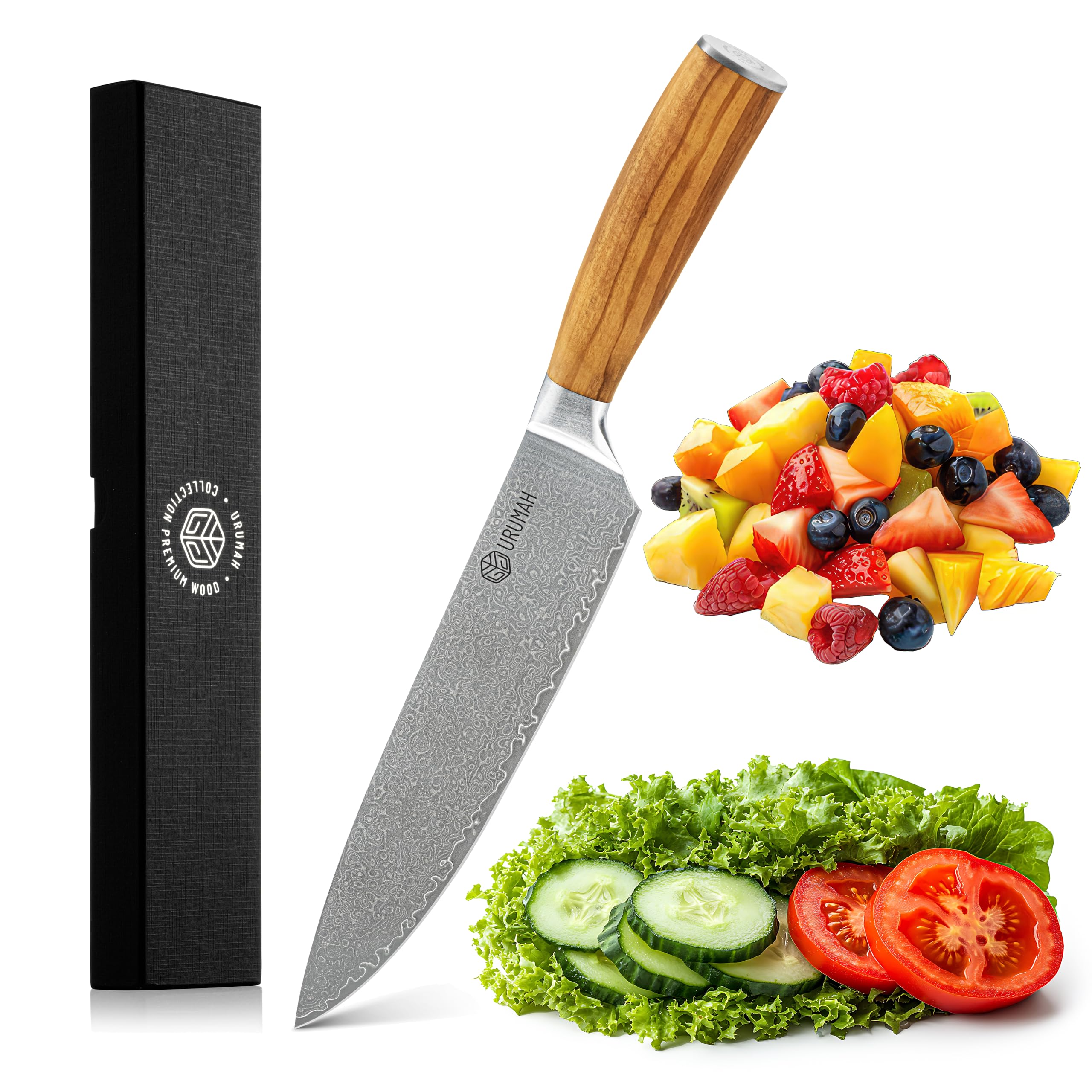 URUMAH Coltello da Cucina Giapponese 20cm Damasco a 67 strati acciaio inossidabile, manico in legno di ulivo, con custodia protettiva e confezione regalo. Coltello da chef in Damasco