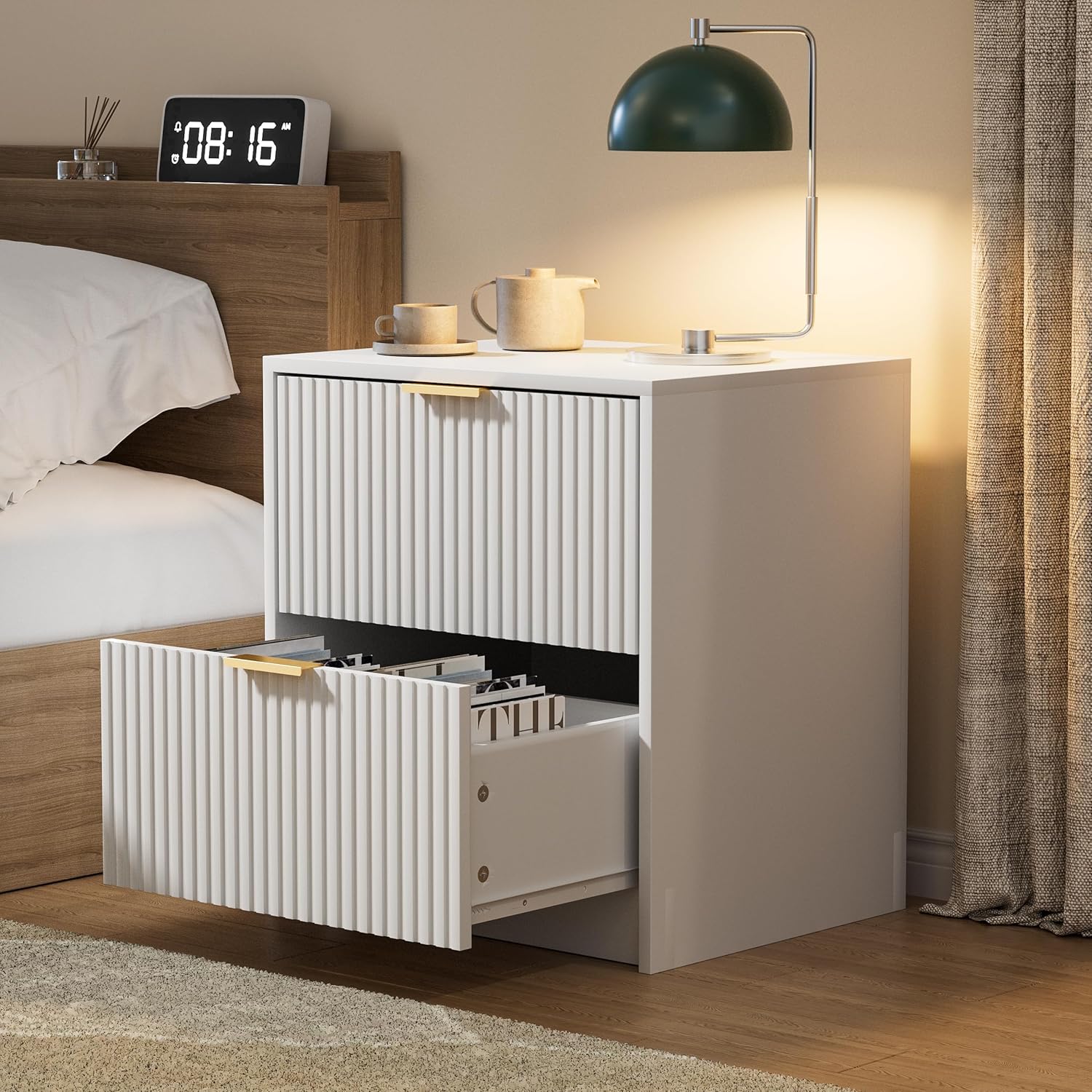 Nightstands Set of 2, Fluted Nightstand with Gold Metal Handles and 2 Drawers, Modern Bedside Table, 19.6" Wide Wood End Table for Bedroom, White