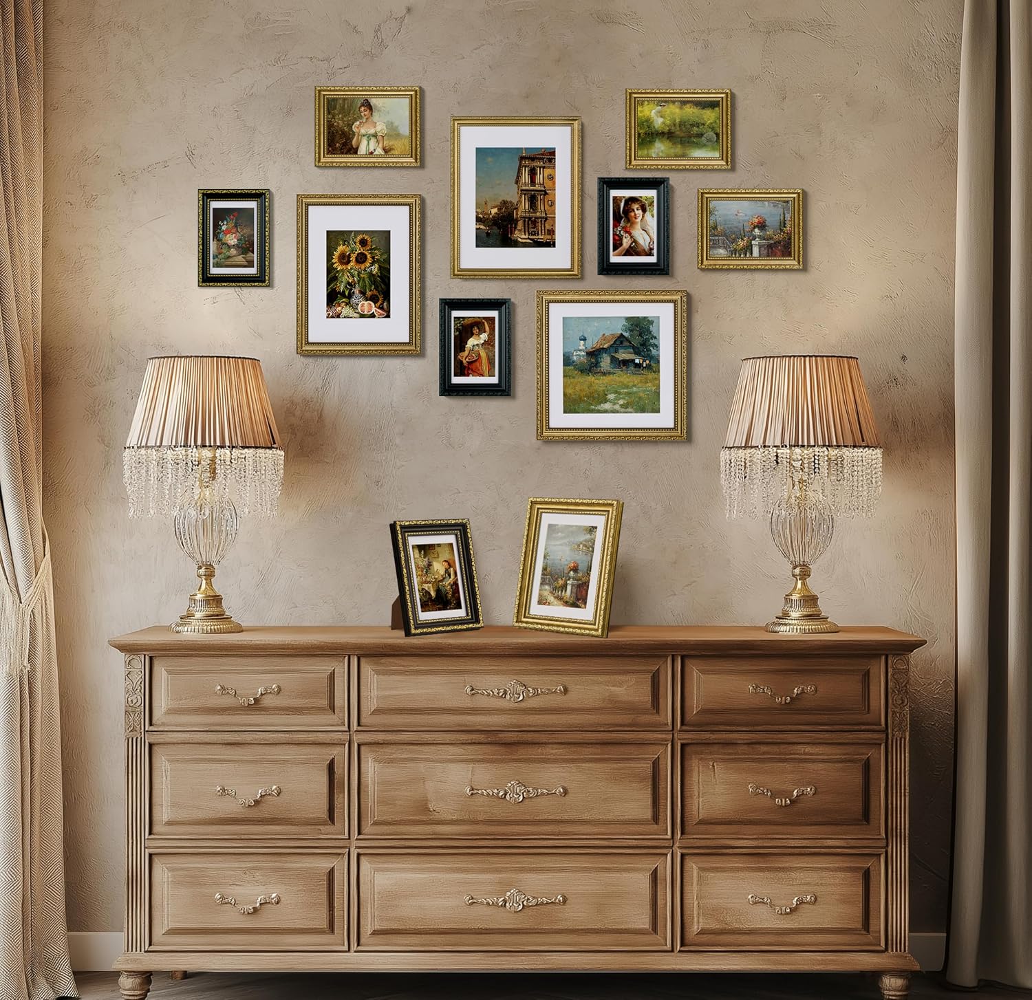 eletecpro 9x12 Picture Frames Set of 2, Gold Picture Frame with Glass Cover, Vintage Photo Frames Display 6x8 Photo with Mat or 9x12 without Mat for Tabletop or Wall Mount Decor, Gold