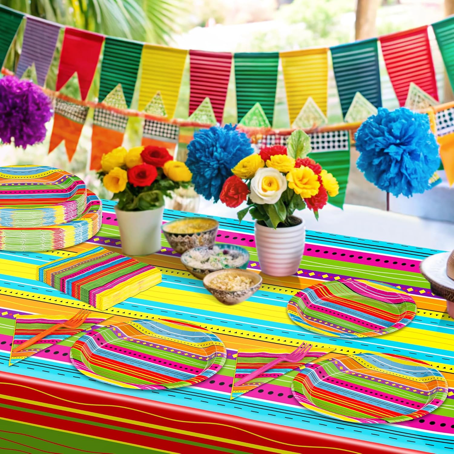122 Pcs Cinco De Mayo Napkins and Plates, Disposable Dinnerware Fiesta Paper Plates and Napkins Sets for 30 Guests, Colorful Plastic Fork Mexican Stripes Tablecloth for Taco Birthday Party Favors