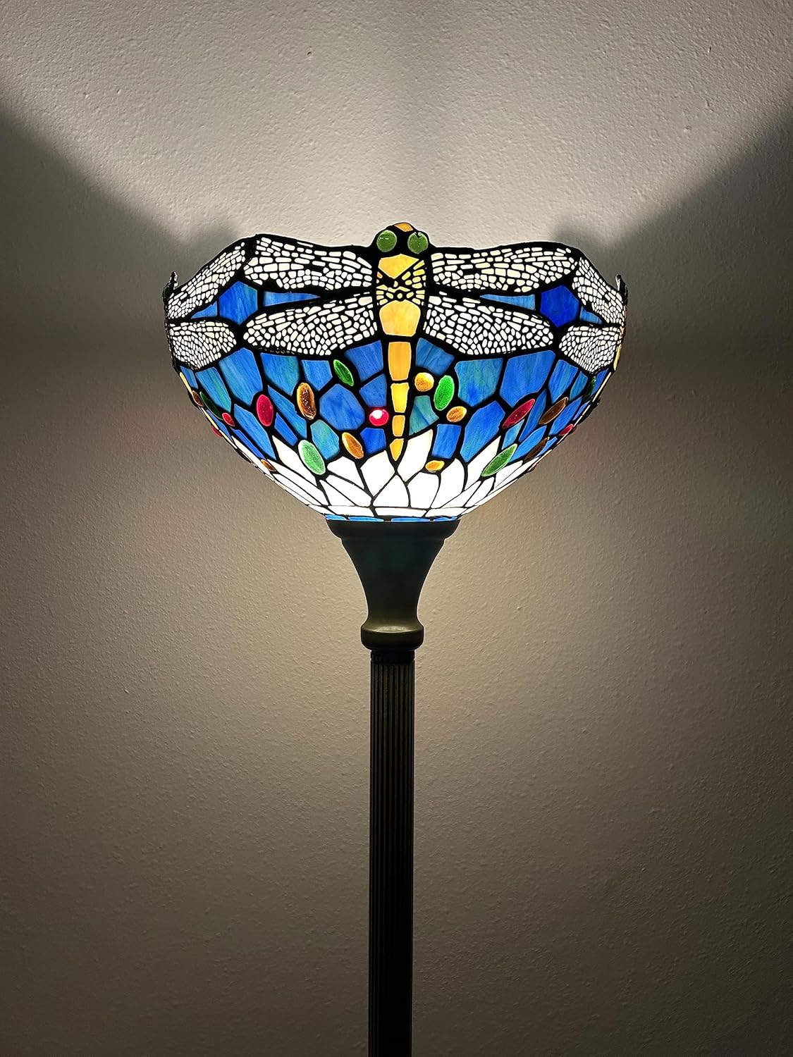 Tiffany Torch Floor Lamps Blue Stained Glass Dragonfly LED Bulb Included for Living Room Dining Room Bedroom 12" W*12" D*66" H