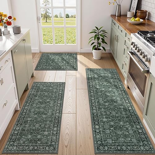 Miniatura 12 de KIMODE Juego de 3 alfombras de cocina, alfombras de cocina bohemias florales antideslizantes, lavables, 20 x 32 pulgadas + 20 x 47 pulgadas + 20 x