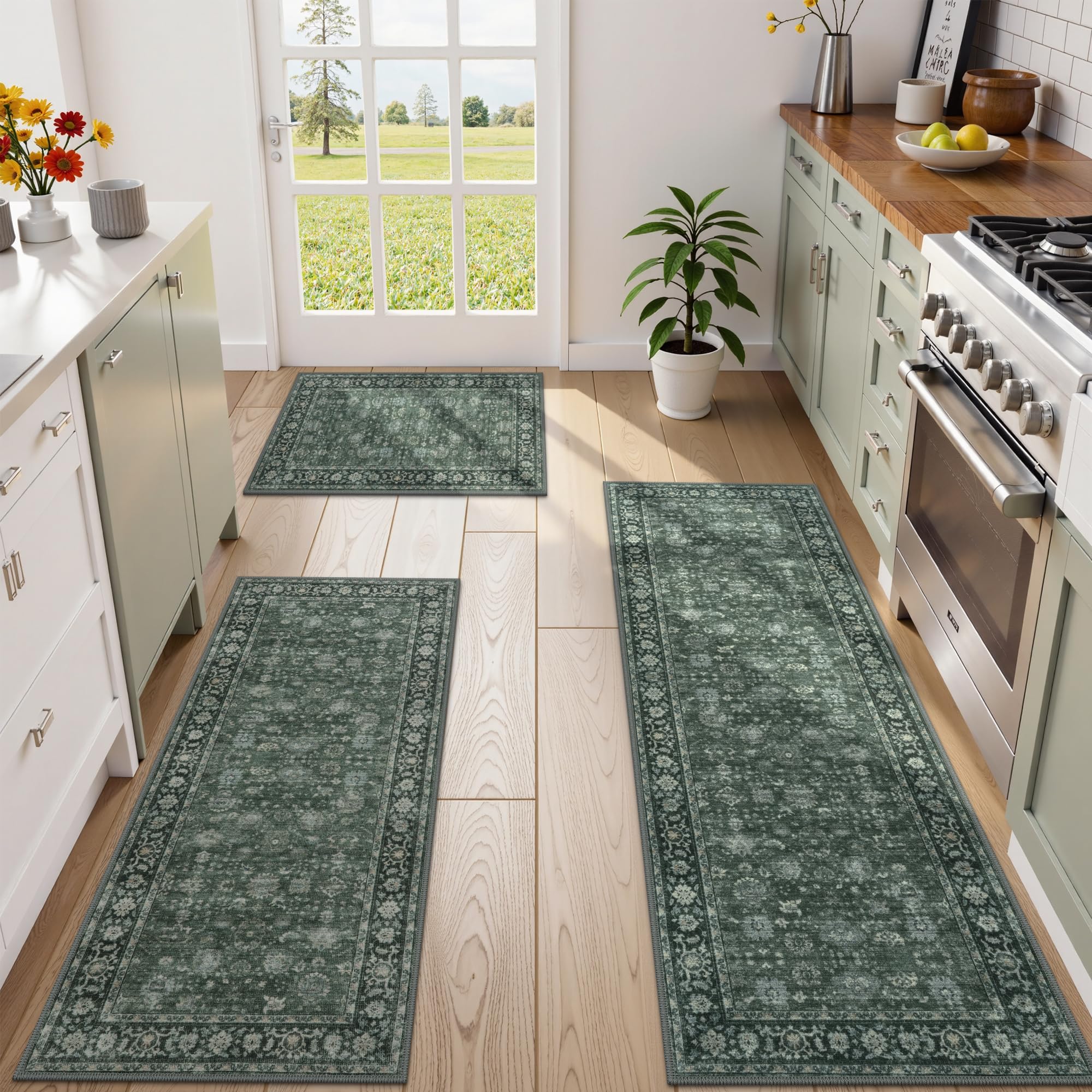 KIMODE Kitchen Rugs Non Slip Washable, Boho Distressed Green Kitchen Rugs Sets of 3