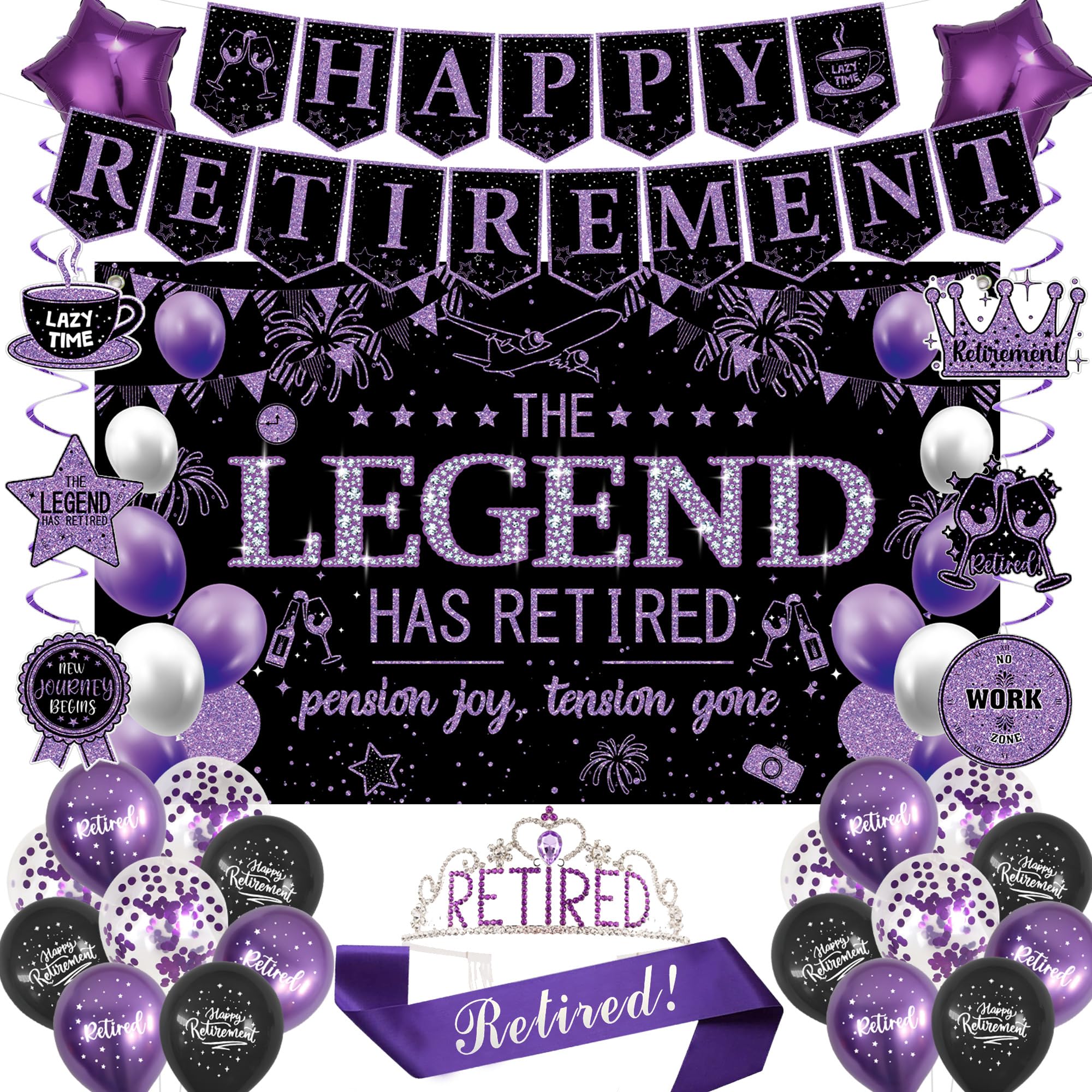 Photo 1 of Roetyce Retirement Party Decorations Women, Black and Purple Happy Retirement Banner Backdrop Balloons Hanging Swirls for Coworker, Lengend Has Retired Sash & Crown, Office Retired Background