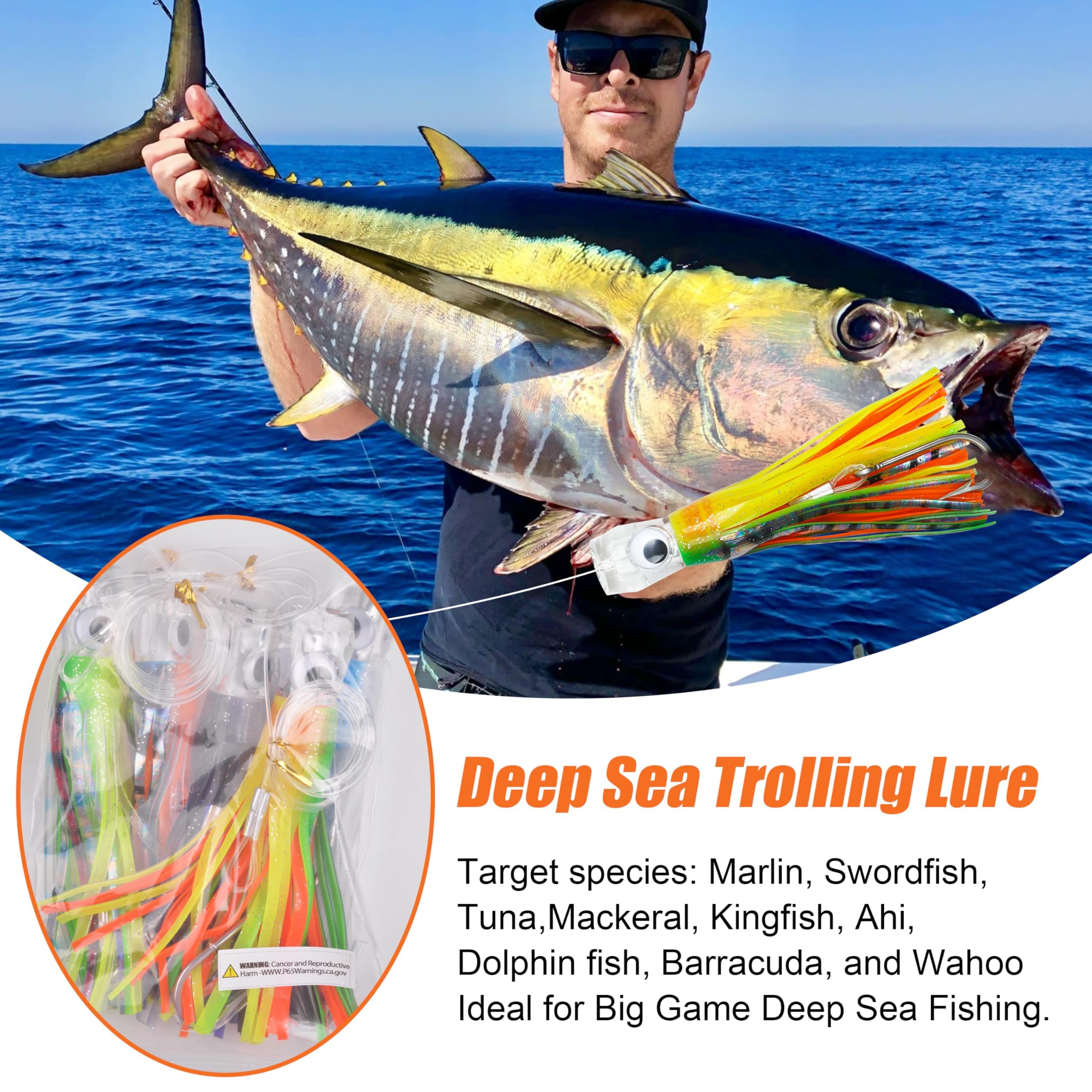 Leurres de Pêche à la Traîne Leurres de Pêche en Eau Salée, 5Pièces Offshore Big Game Leurres pour Mahi Tuna Marlin Dolphin Wahoo en Haute Mer Octopus Squid Skirts Rigged Hooks