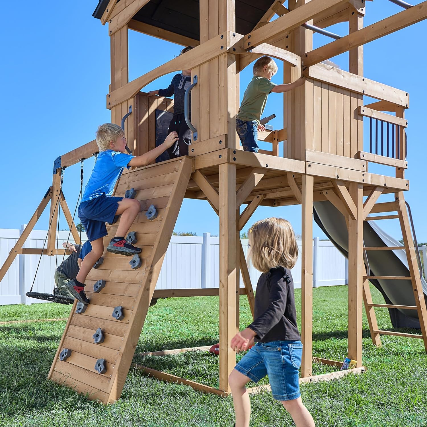 Backyard Discovery Dover Bay Spruce Wood Swing Set with Wave Slide, Clubhouse, Monkey Bars, Rock Wall, Belt Swings, Step Ladder, Toy Telescope, Chalkboard, Outdoor Playset