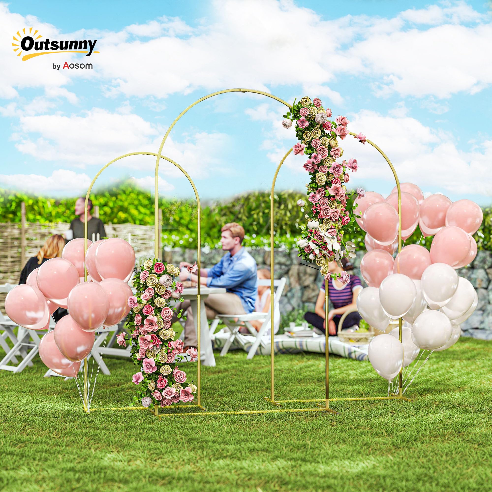 Outsunny Lot de 3 Supports d'arche de Fond en métal doré pour Mariage, 2,2 m, 2 m, 1,8 m, Arche de Jardin, Mariage, fête d'anniversaire, fête prénatale, Arche de Ballons Floraux