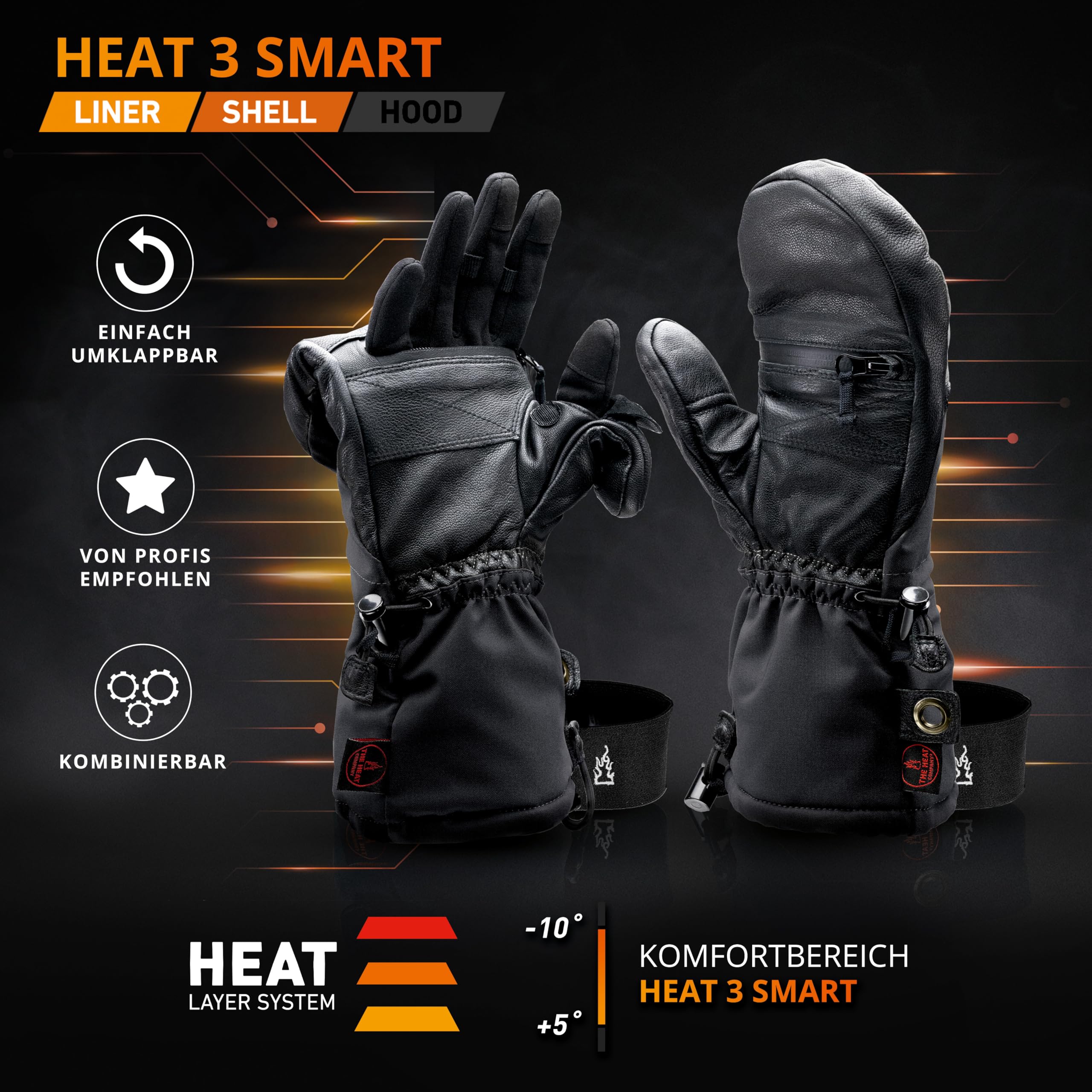 THE HEAT COMPANY - Heat 3 SMART – Die Handschuh Innovation – Handschuhe & Fäustlinge in Einem: Fäustling einfach umklappen - Handschuh Herren Winter & Damen, Skihandschuh, Wintersport, schwarz
