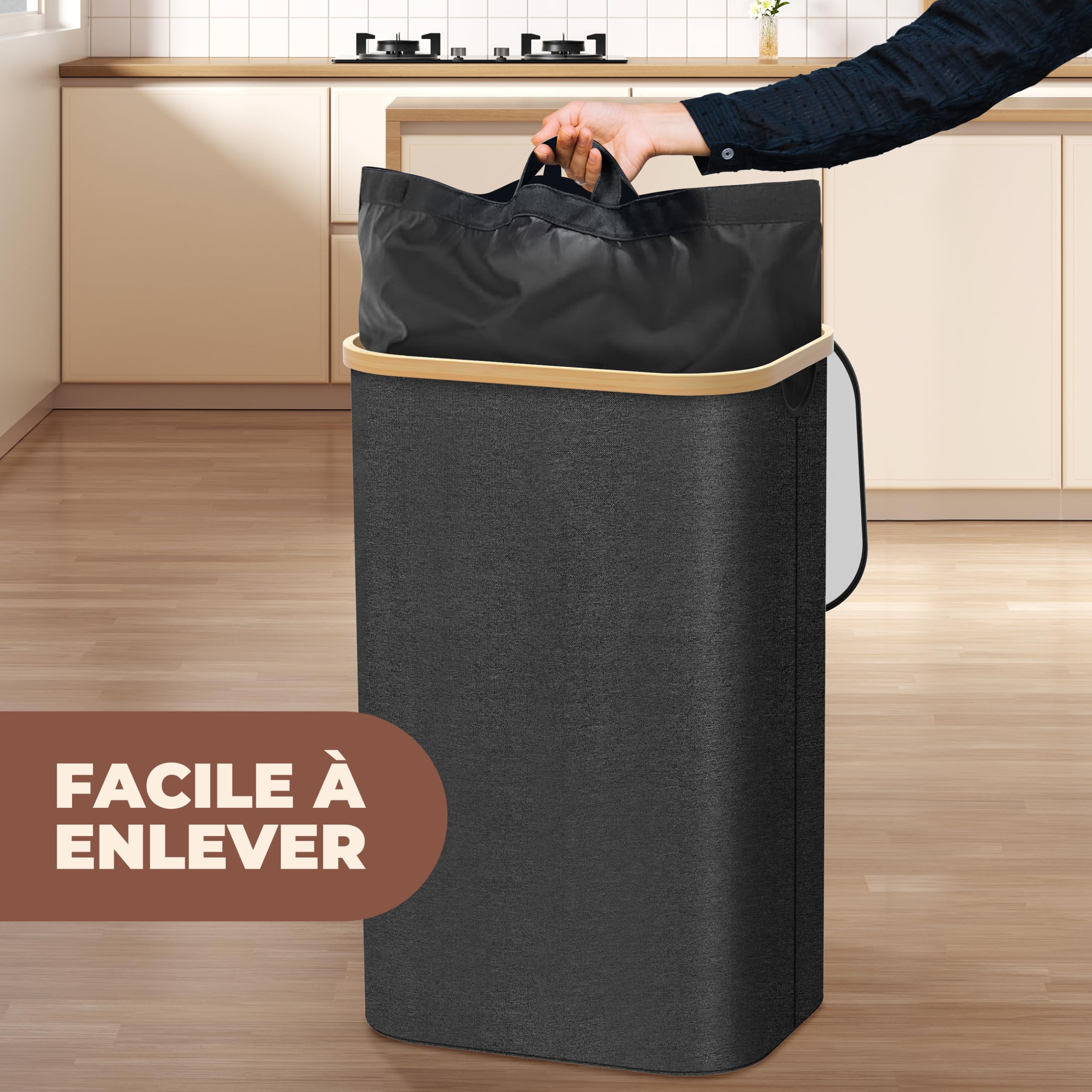 Poubelle Cuisine Tri Sélectif 100L Noir – Bac Recyclage Double Compartiment Bambou
