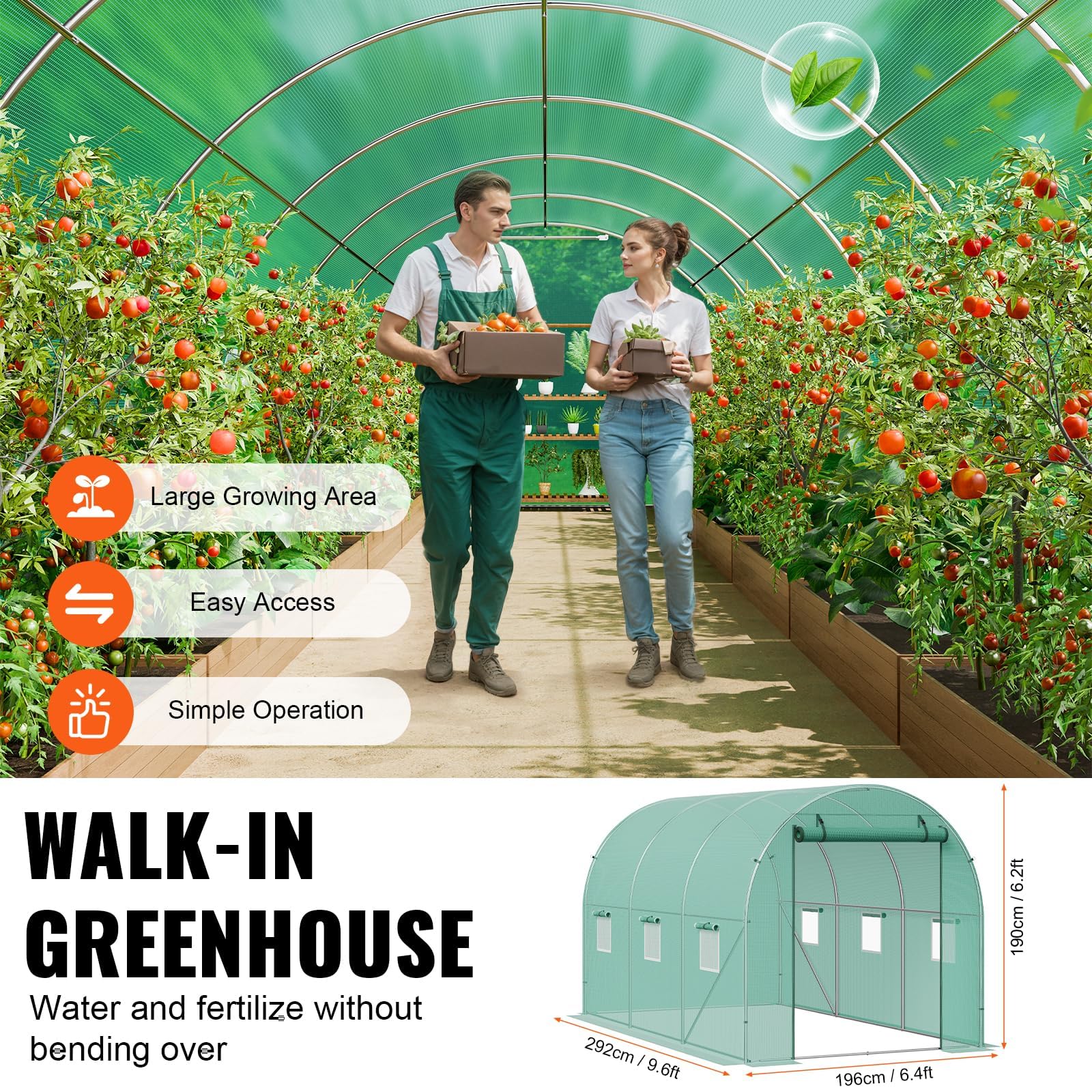 Invernadero de Exterior 10ft x 6.6ft x 6.6ft, Invernadero de Túnel con Puerta Enrollable, 6 Ventanas de Malla, Cubierta PE 140g/m² y Marco de Acero Galvanizado para Cultivos