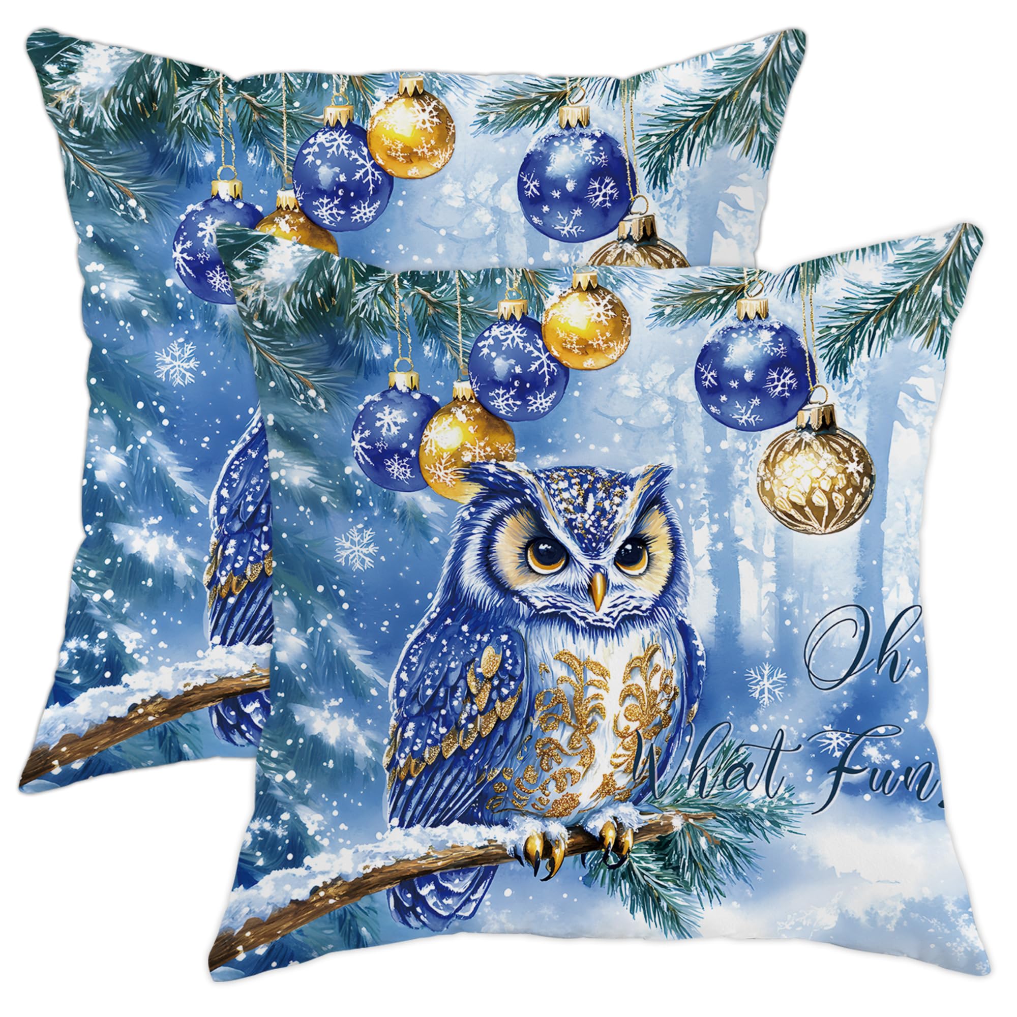 Winter Owl Throw Pillow Covers, Blue Snowy Owl Cushion Case, Holiday Christmas Decoration Comfort Soft Covers for Home Sofa Bedroom Living Room 16x16 Inch