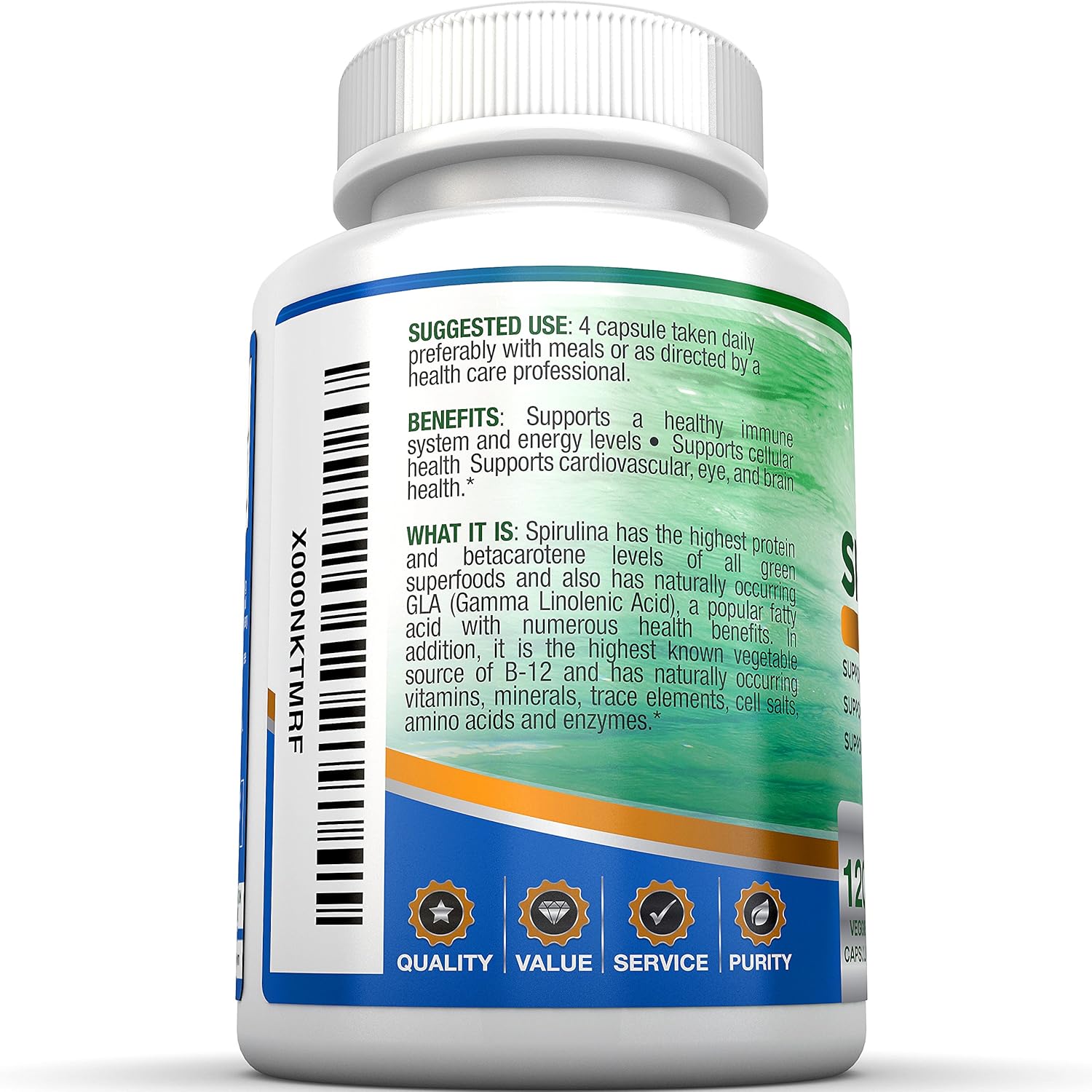 BRI Spirulina 2000mg Maximum Strength Premium Quality Spirulina Superfood Powder, Packed w Antioxidants, Protein and Vitamins in Easy to Swallow Vegetable Cellulose Capsules (120 Count) : Health & Household
