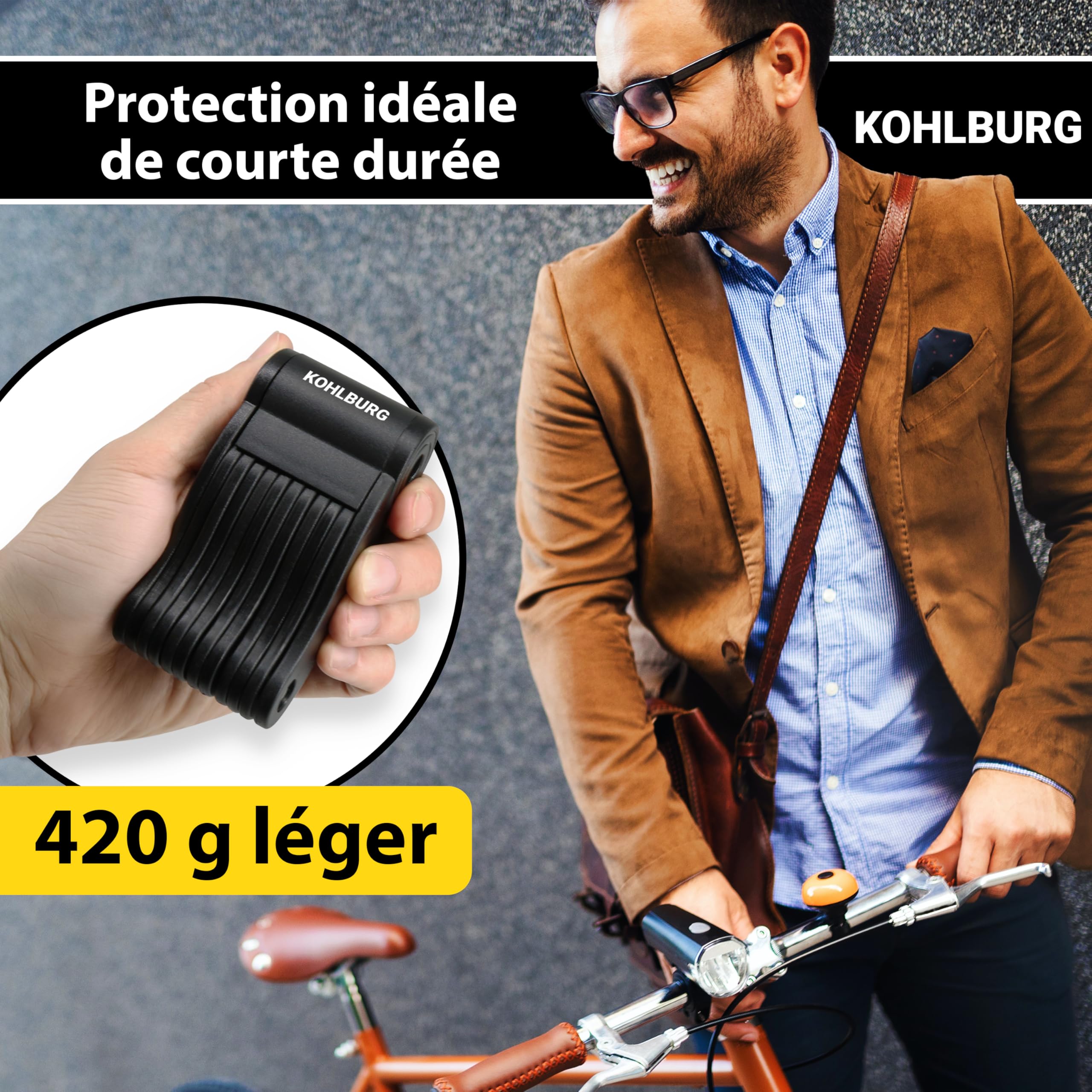 KOHLBURG antivol pliable léger de 420 g avec support pour longues randonnées, protection courte durée, antivols à maillons 70 cm pour vélo, e‑bike & vélo de course, mini antivol pliable petit & léger