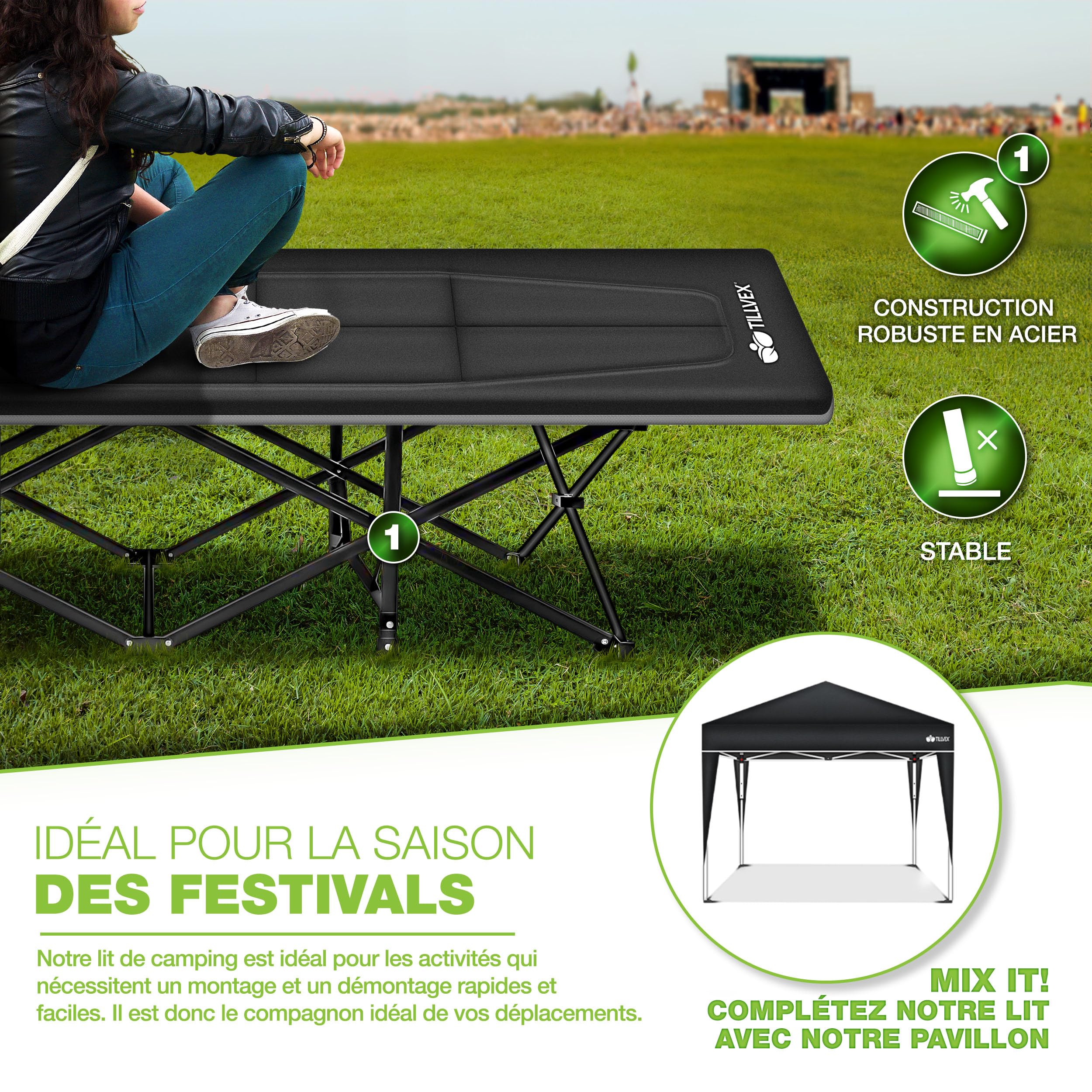 tillvex® Lit de camping pliable avec sac de transport jusqu'à 200 kg | Chaise de camping extra large | Lit de camp pour l'extérieur et l'intérieur | Lit d'invité pliable pour jardin, camping, pêche,