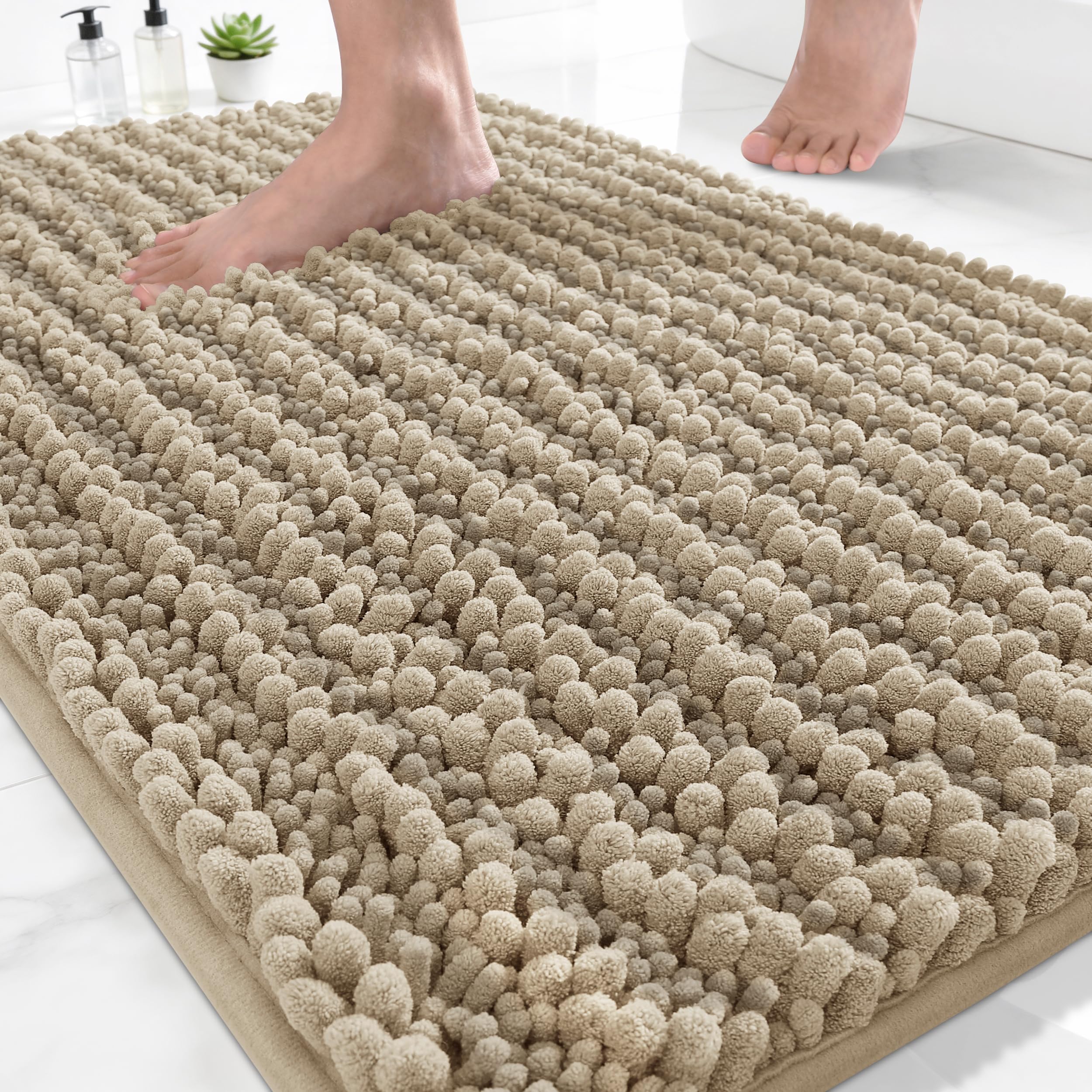 yimobra luxury rectangular bathroom rug mat 24x17,extra soft&absorbent microfiber bath rugs,non-slip plush shaggy bath carpet,machine wash dry,bath mats for bathroom floor,tub and shower,camel