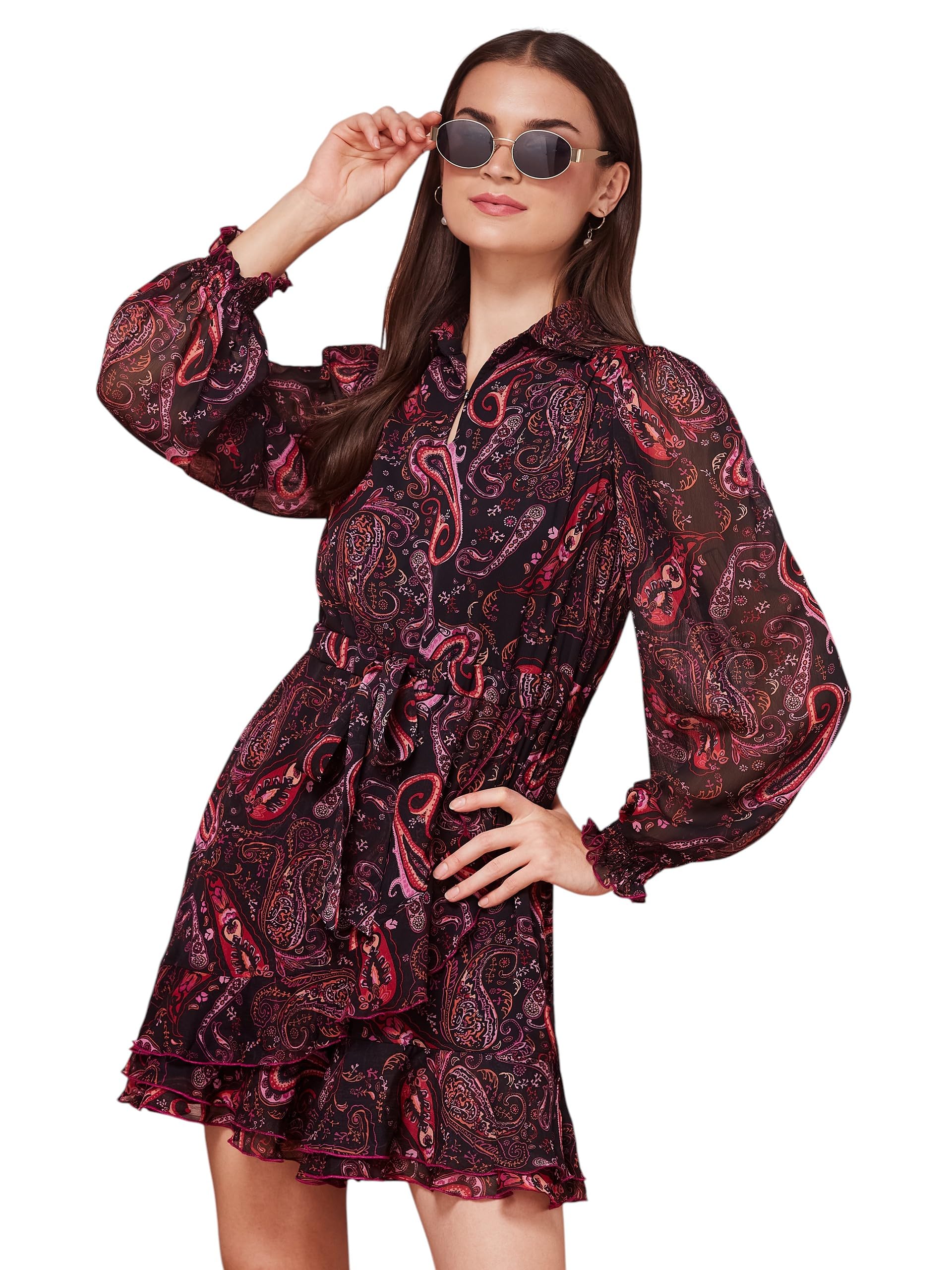 miss chase Women's Collared Bishop-Sleeve Bohemian Ruffled Short Georgette Playsuit-picture-56