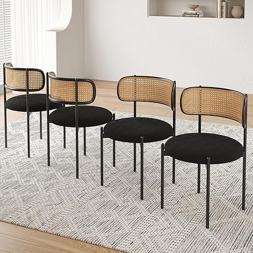 Miniatura 6 de Farini Juego de 4 sillas de comedor tapizadas modernas, sillas de comedor con respaldo de ratán, sillas de cocina decorativas con patas de metal,