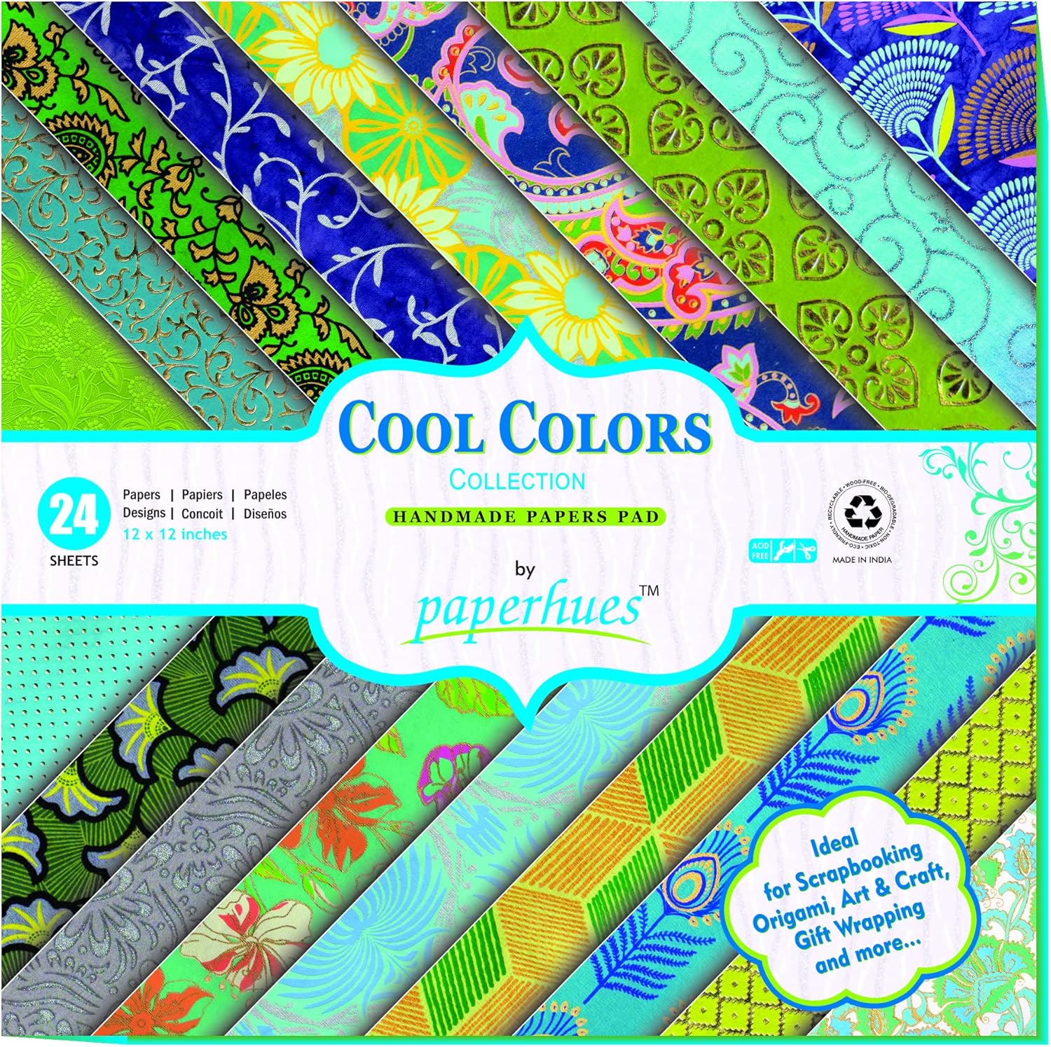 Paperhues Cool Colors Collection Handmade Scrapbook Papers 12x12" Pad, 24 Sheets.