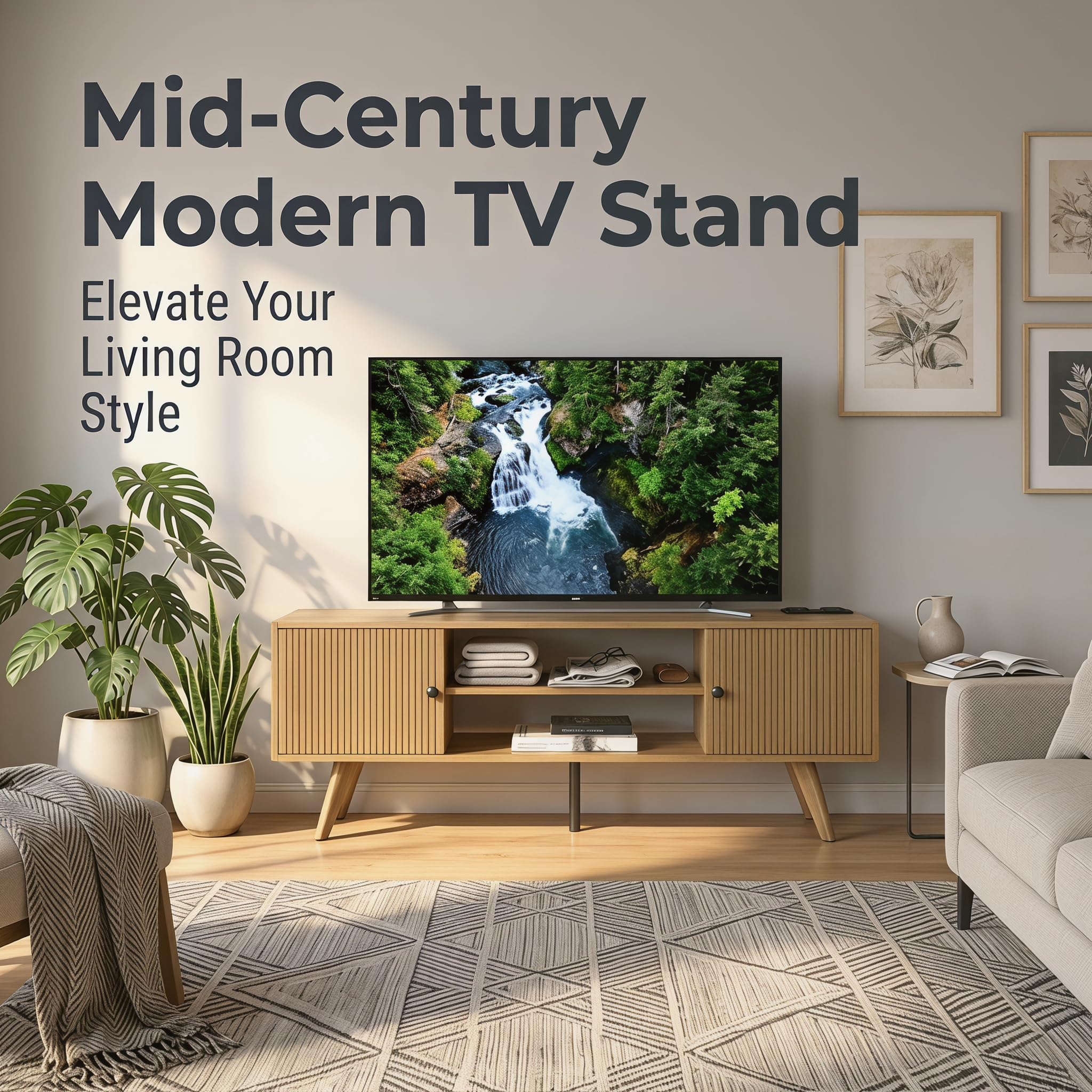 TV Schrank Holz 140cm lang – Lowboard Stehend mit 2 Staufächern & 2 Offenen Regalen, TV Sideboard Wohnzimmer für 60 Zoll Fernseher, Fernsehtisch Holz aus P2-Platte 15cm, Moderner & Landhausstil,Eiche