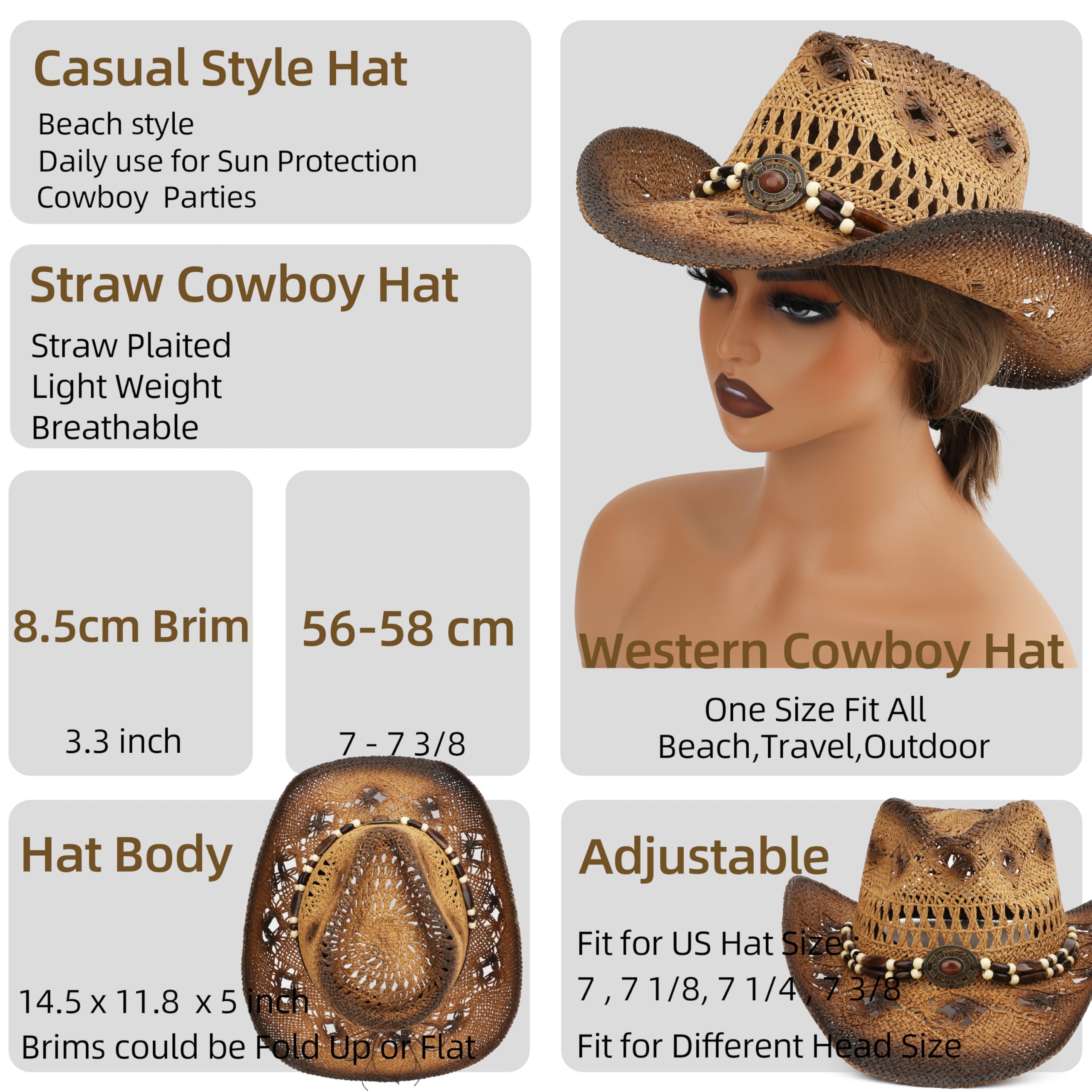 Cappello da cowboy in paglia per donne e uomini con tesa larga modellabile cappello da cowgirl