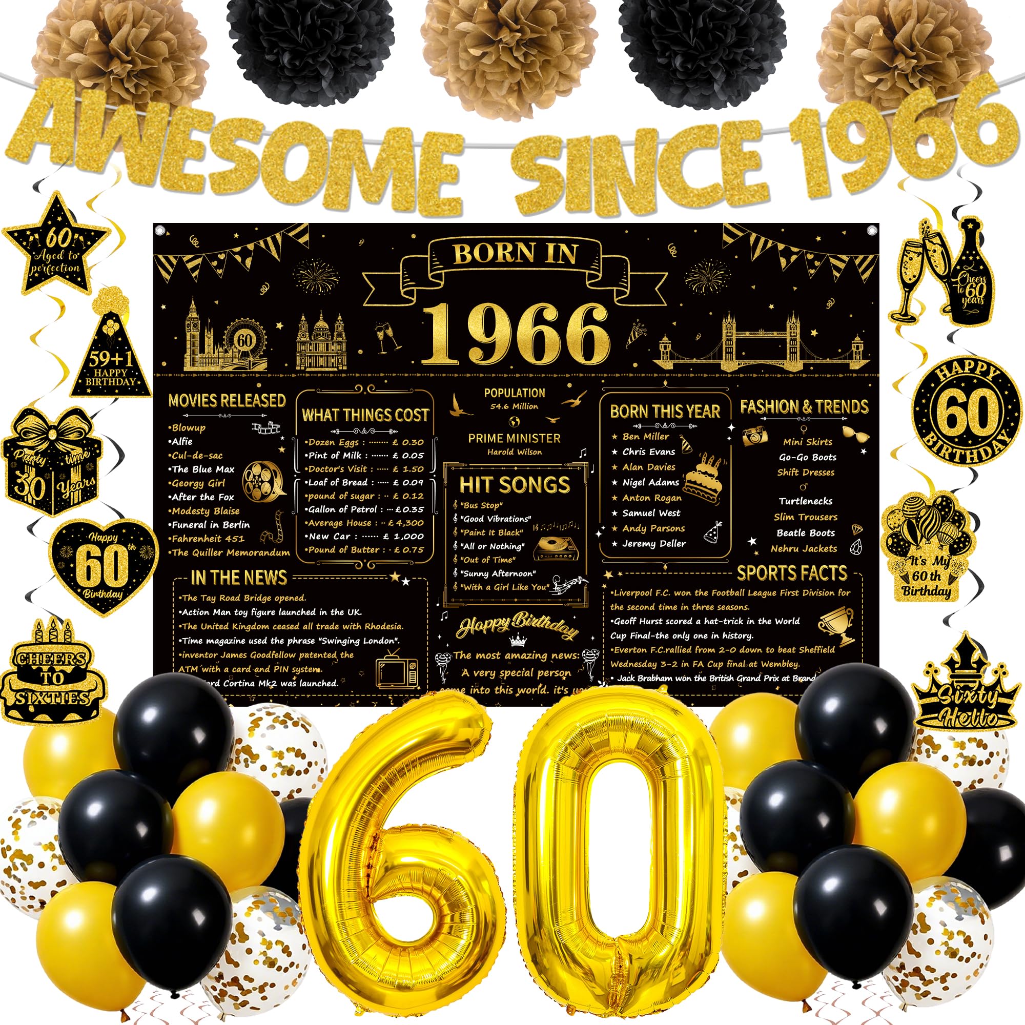 60th Birthday Decorations Men Women - Awesome Since 1966 Banner Backdrop Number 60 Balloons, Paper Pom Poms and Hanging Swirls for 60 Year Old Birthday Party Supplies