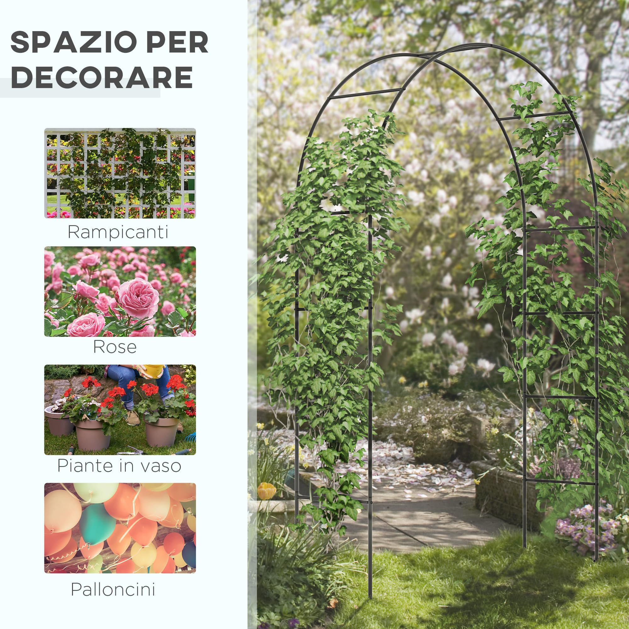 Outsunny Arco per Rose Rampicanti in Metallo, Arco da Giardino di Supporto per Piante Rampicanti, 140x40x240cm, Nero