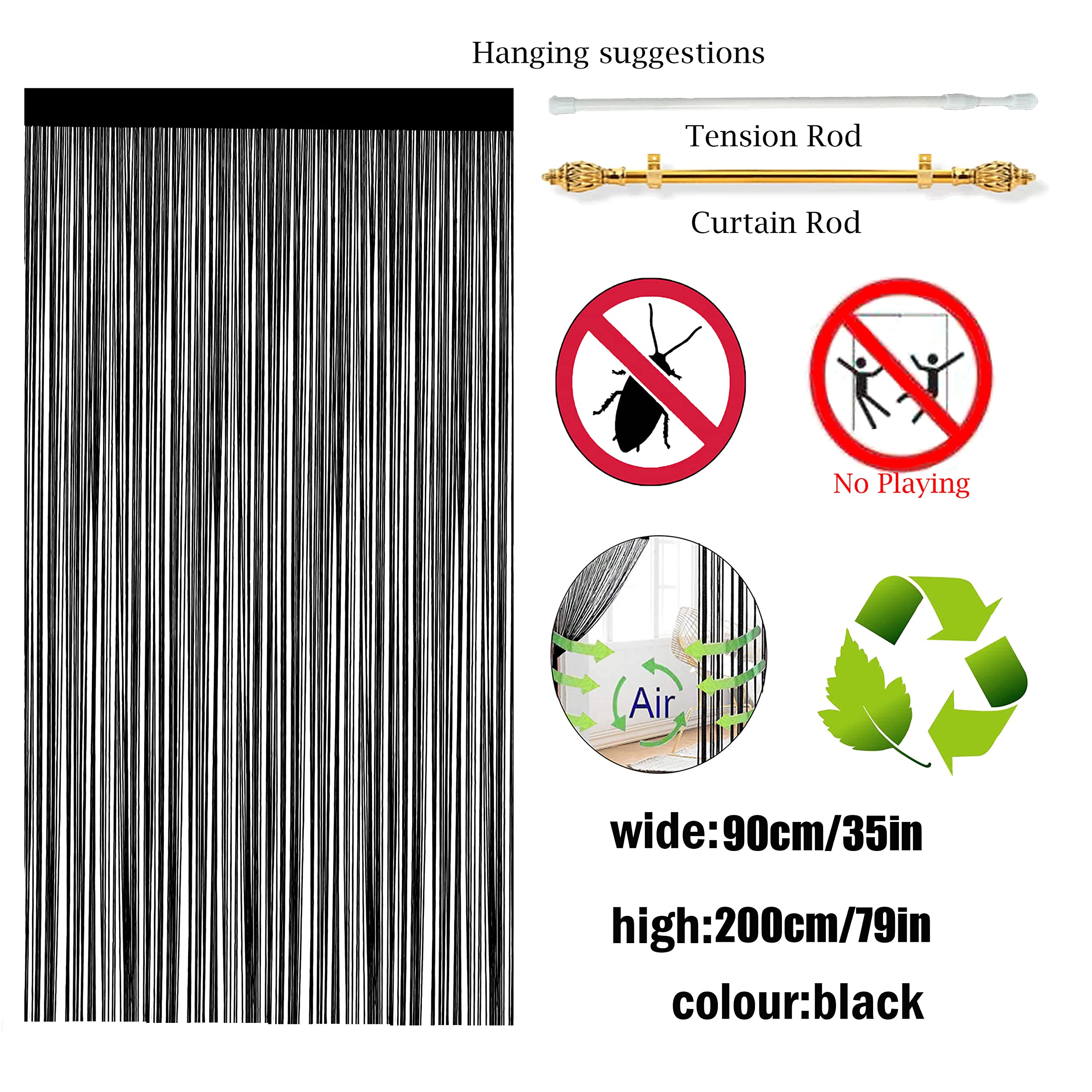 QiBoYuYe Fly Screen Curtains For Window String Flies Doors Decorations Room Dividers Doorways Panel Bedroom Living Closet Drapes (Black 90x200cm) - Image 3