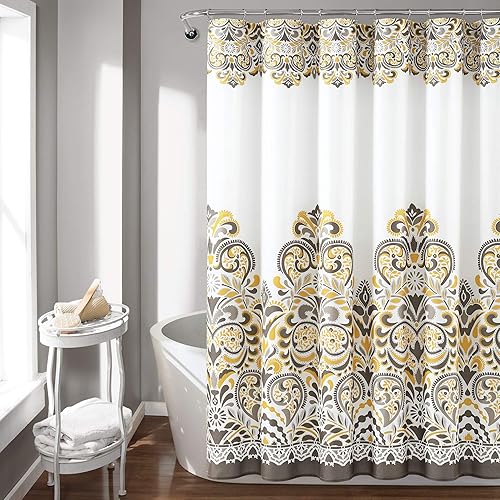 Lush Decor Clara - Cortina de ducha de tela colorida con estampado de damasco de cachemira, 72 x 72 pulgadas, amarillo y marrón