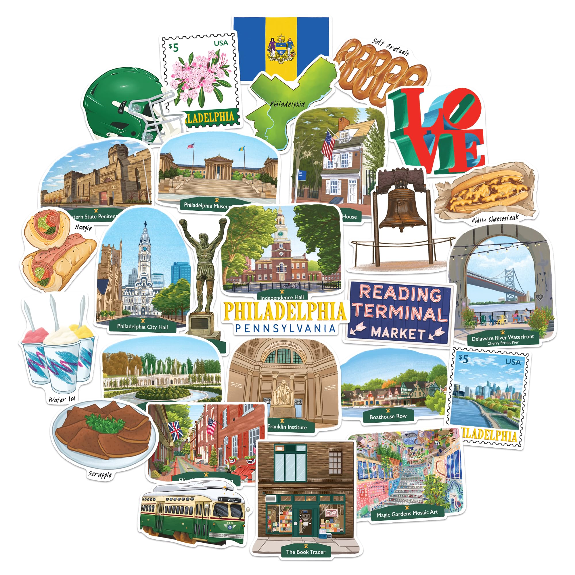 Navy Peony Navy Blue Artistic Philadelphia Travel Stickers (28Pcs)-Gouache Style, Philly, America-Themed Vacation Stickers For Scrapbooks, Journals, Laptop