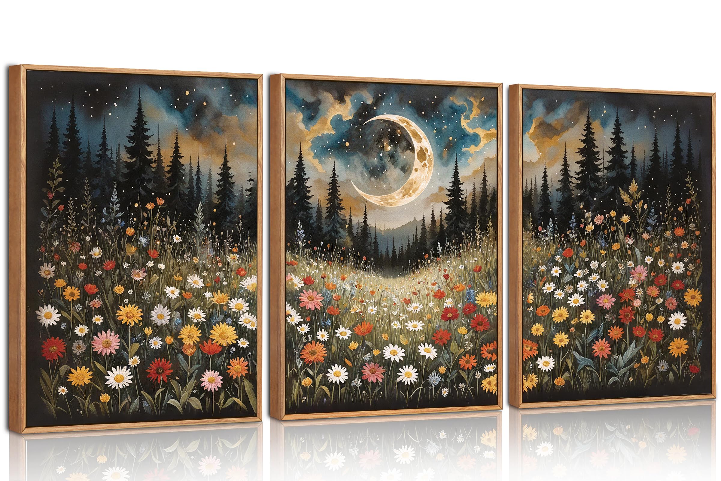 HPNIUB Abendliche Bergblumen Wandkunst Gerahmtes Leinwand-Set Waldlandschaft mit Wildblumen, Kiefern & Sternenhimmel, Mystisches Mondlicht Kunst für Wohnzimmer, Schlafzimmer, Büro