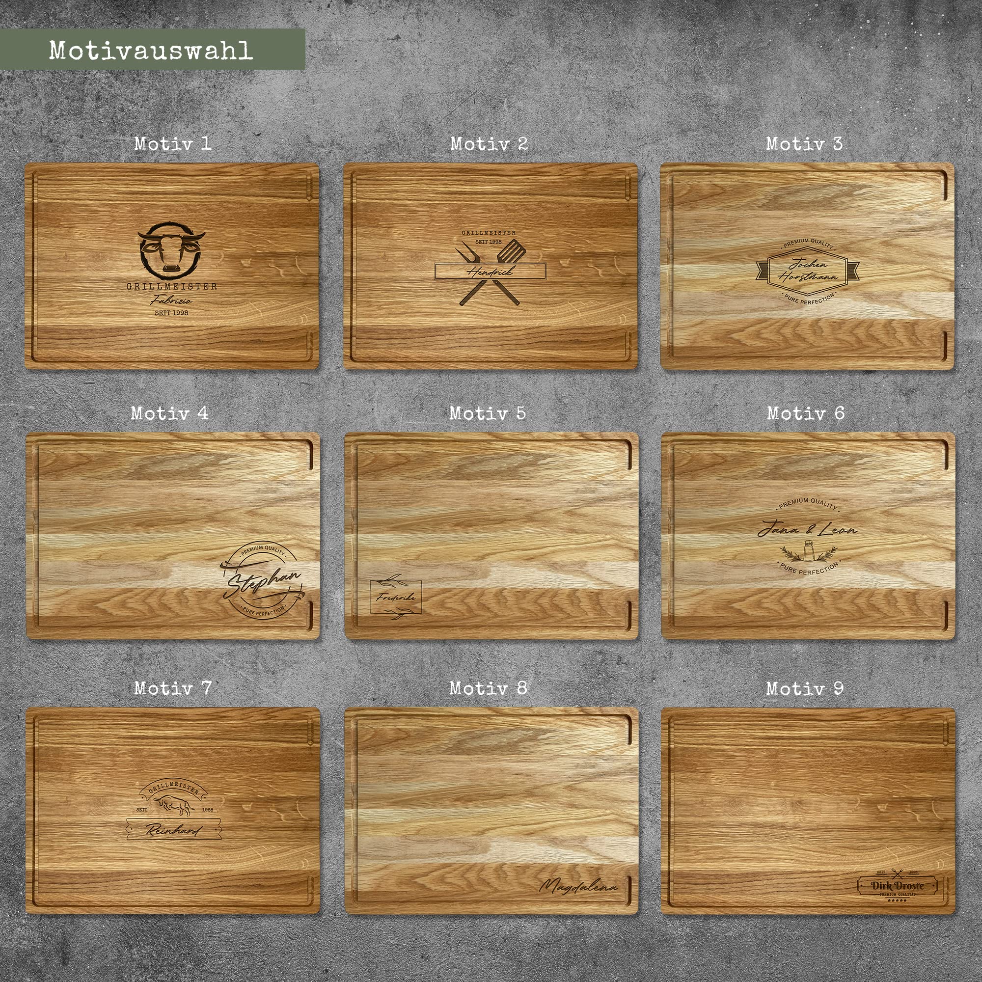 LOOXIS Personalisiertes Premium Schneidebrett mit Namen graviert – 40x30 cm, Eichenholz, Saftrille, Steakbrett, Charcuterie Board – Geschenkidee Männer, Frauen, Vatertag, Muttertag, Einzug – Motiv 8