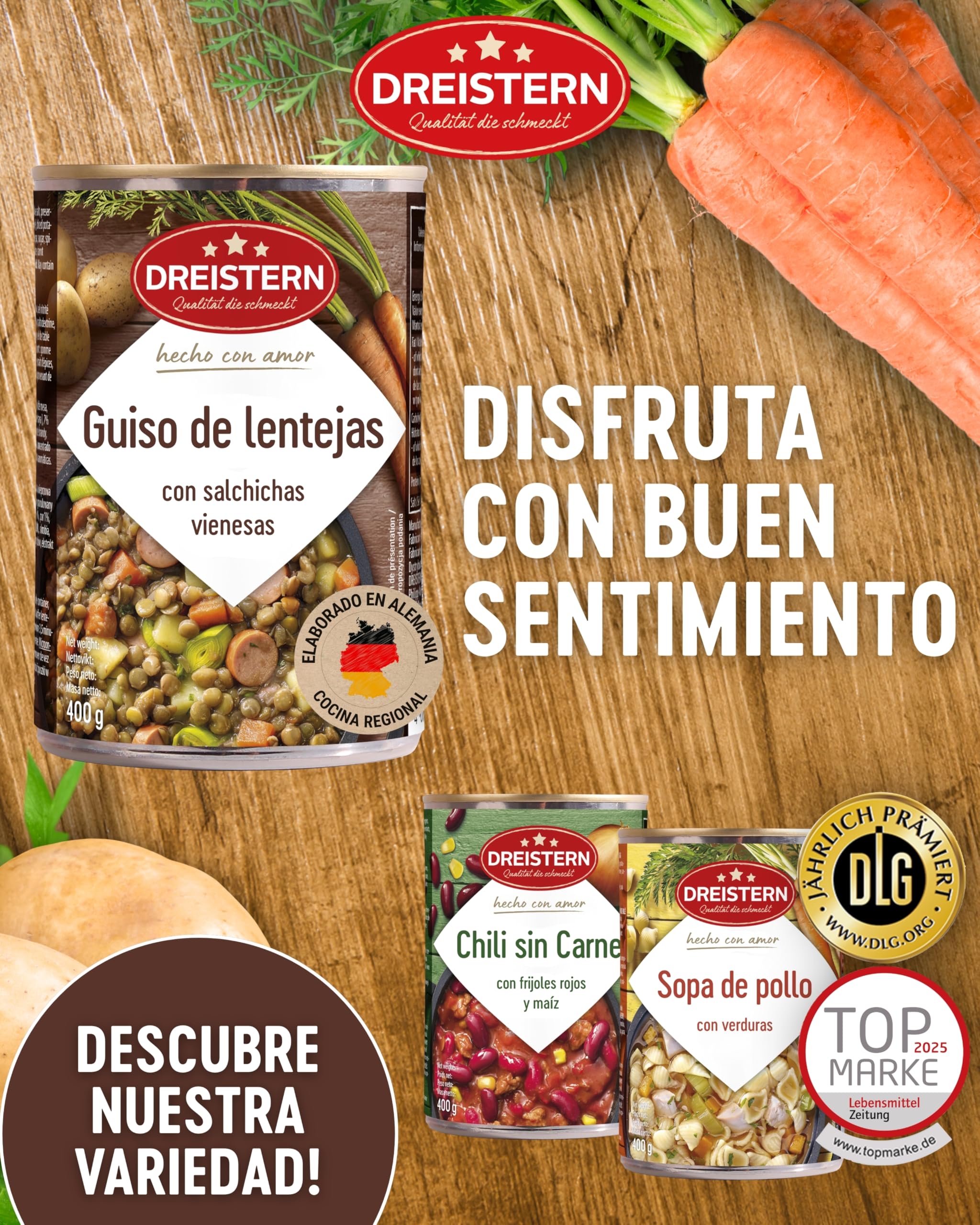 DREISTERN Guiso de lentejas 400 g I Con salchichas vienesas & verduras I Estofado sabroso en lata reciclable I Larga duración gracias a la conservación natural I Calidad casera