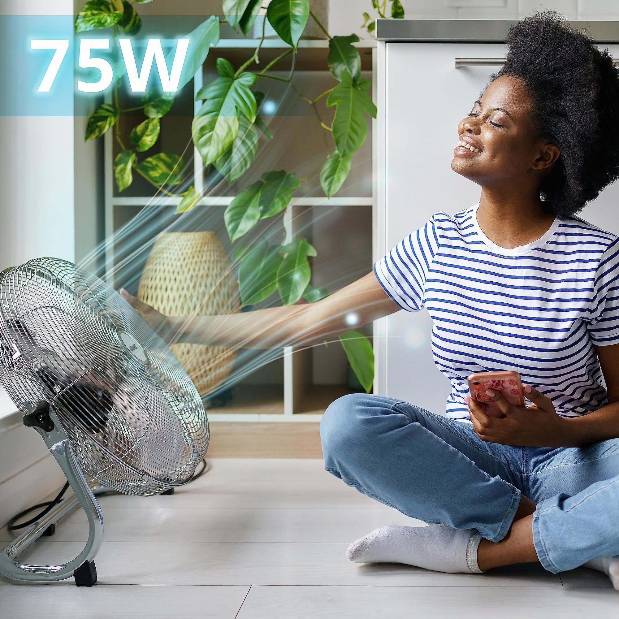 Duronic FN16 Ventilateur de sol, 40 cm, 75 W, sur pied, pour sol ou scène, avec 4 niveaux, design silencieux