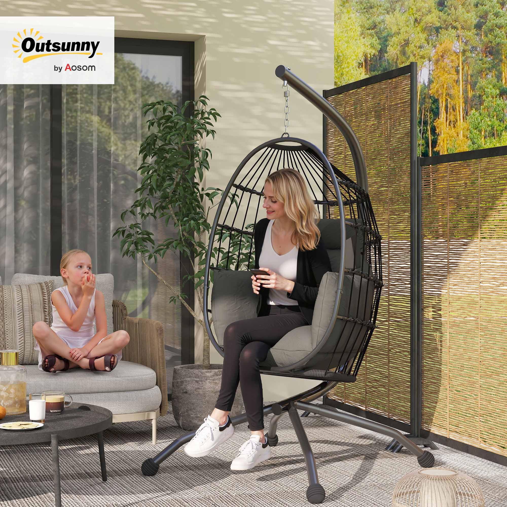 Outsunny Silla Colgante Huevo con Soporte Columpio Jardín Exterior con Cesta Plegable Cojín y Reposacabezas Portavaso Columpio Colgante para Interior y Exterior Carga 120 kg Negro